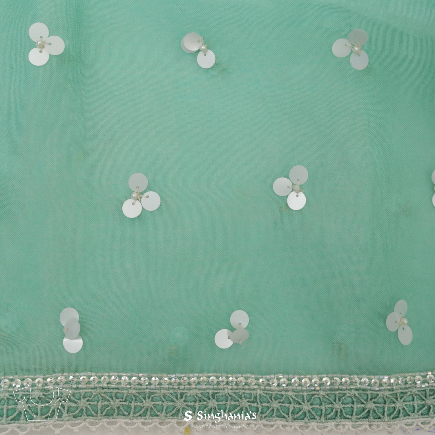 Tiffany Blue Printed Organza Saree With Hand Embroidery