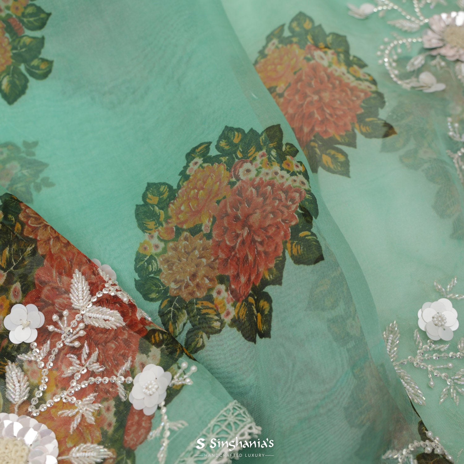 Tiffany Blue Printed Organza Saree With Hand Embroidery