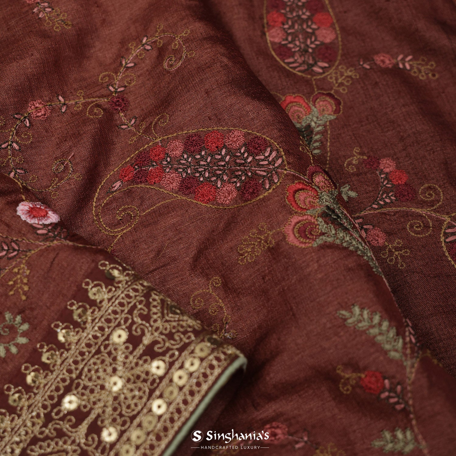 Burnt Henna Brown Tussar Saree With Floral Embroidery