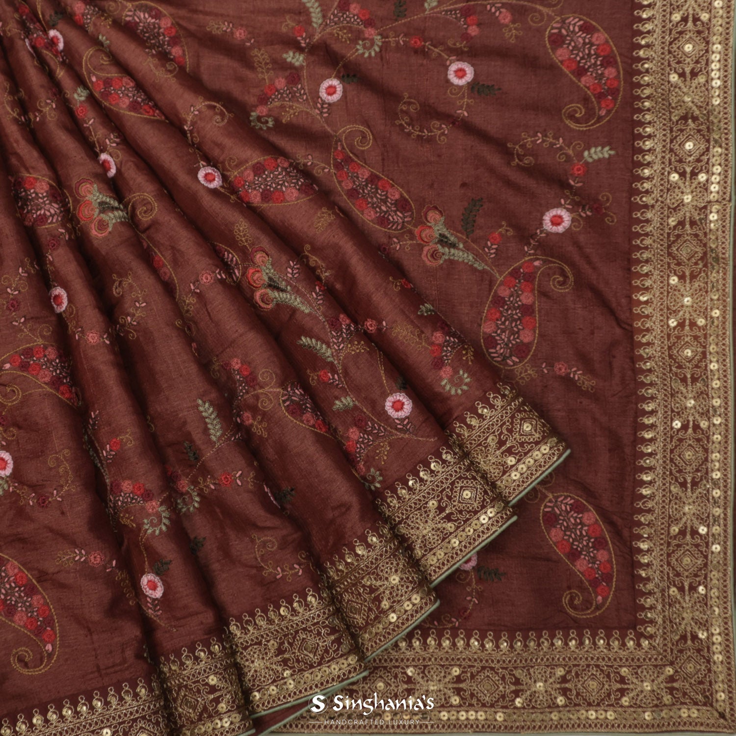 Burnt Henna Brown Tussar Saree With Floral Embroidery
