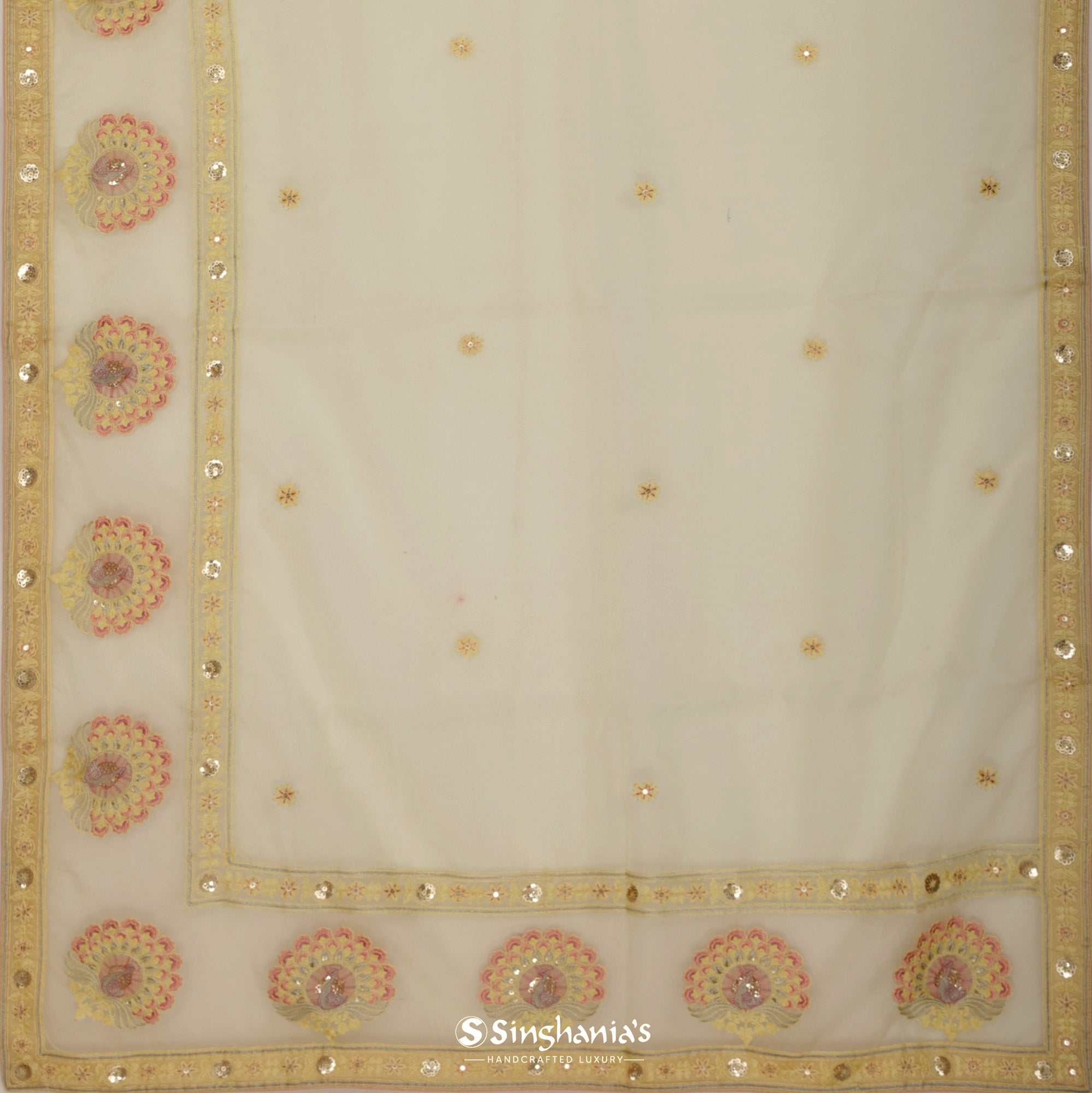 Vintage Yellow Organza Saree With Thread Embroidery