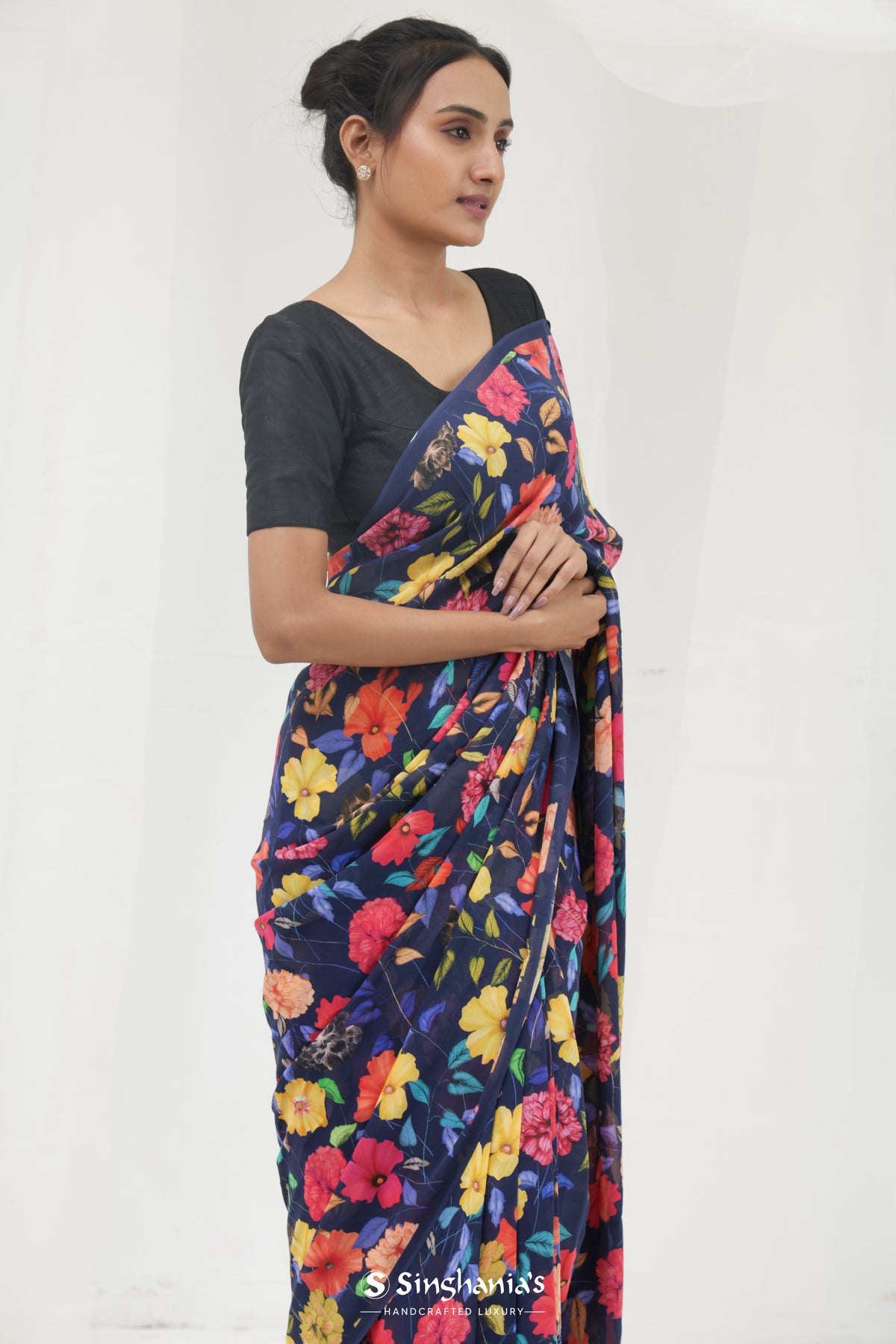 Oxford Blue Printed Georgette Saree With Floral Pattern