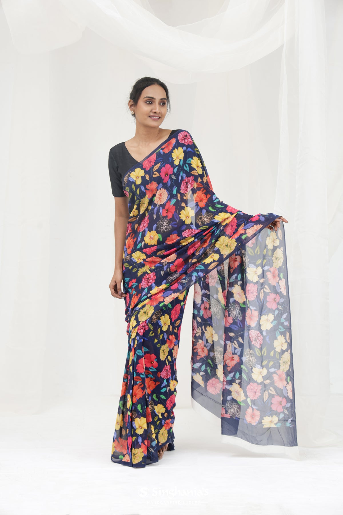 Oxford Blue Printed Georgette Saree With Floral Pattern