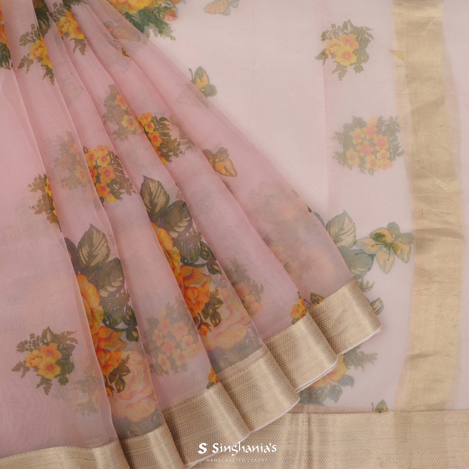 Oyster Pink Printed Organza Saree With Floral Pattern