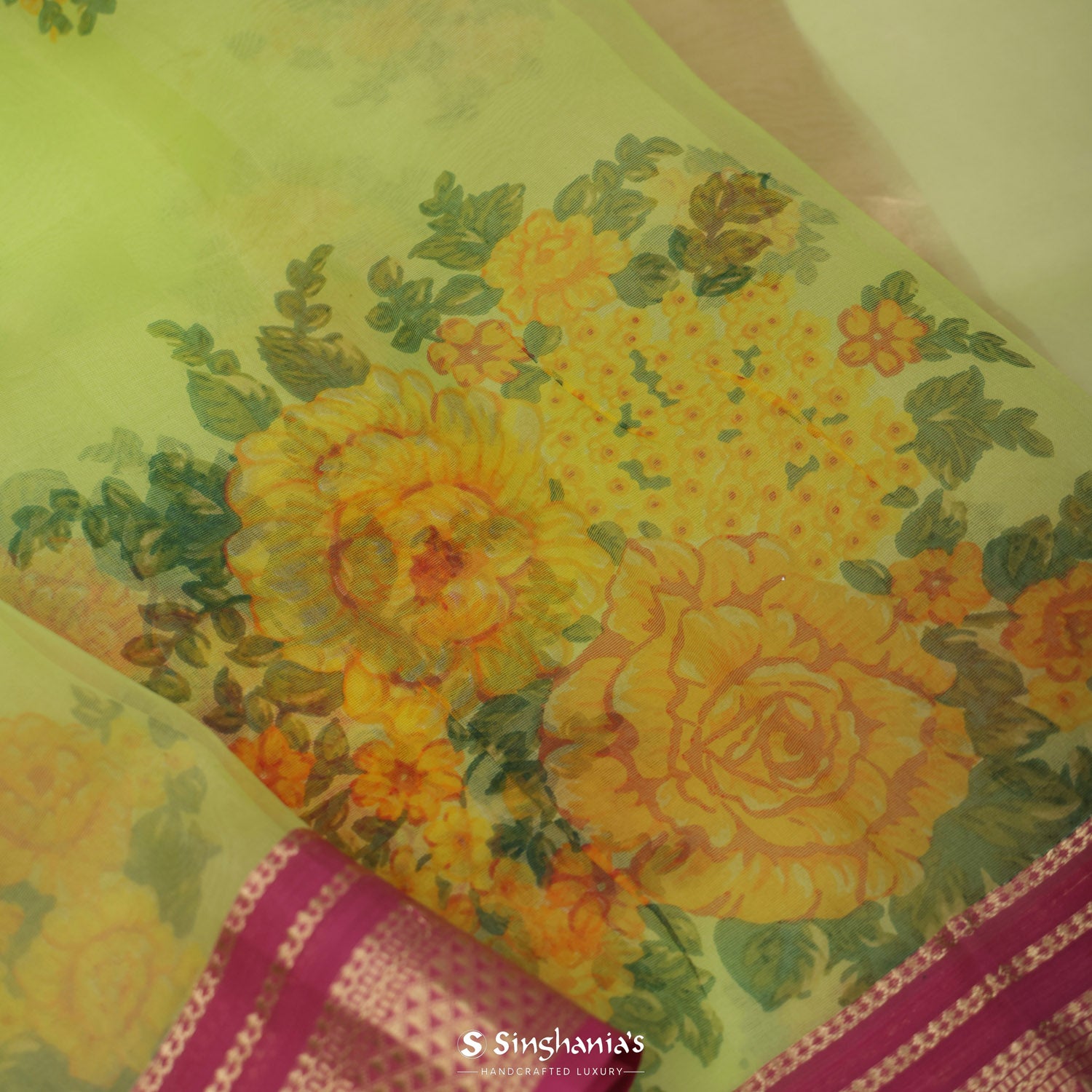 Neon Yellow Organza Saree With Printed Floral Buttas