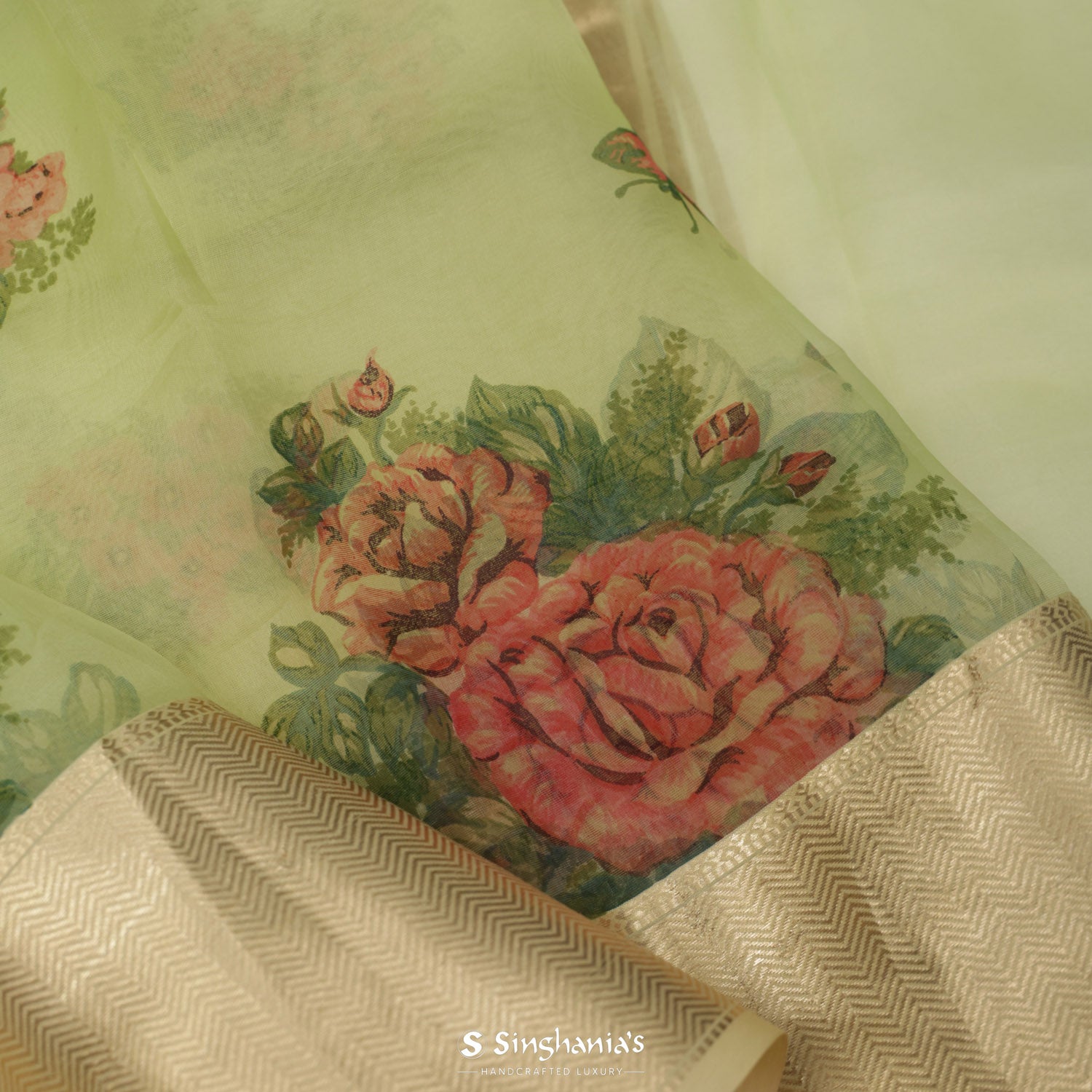 Pale Lime Yellow Organza Saree With Printed Flora-Fauna Pattern