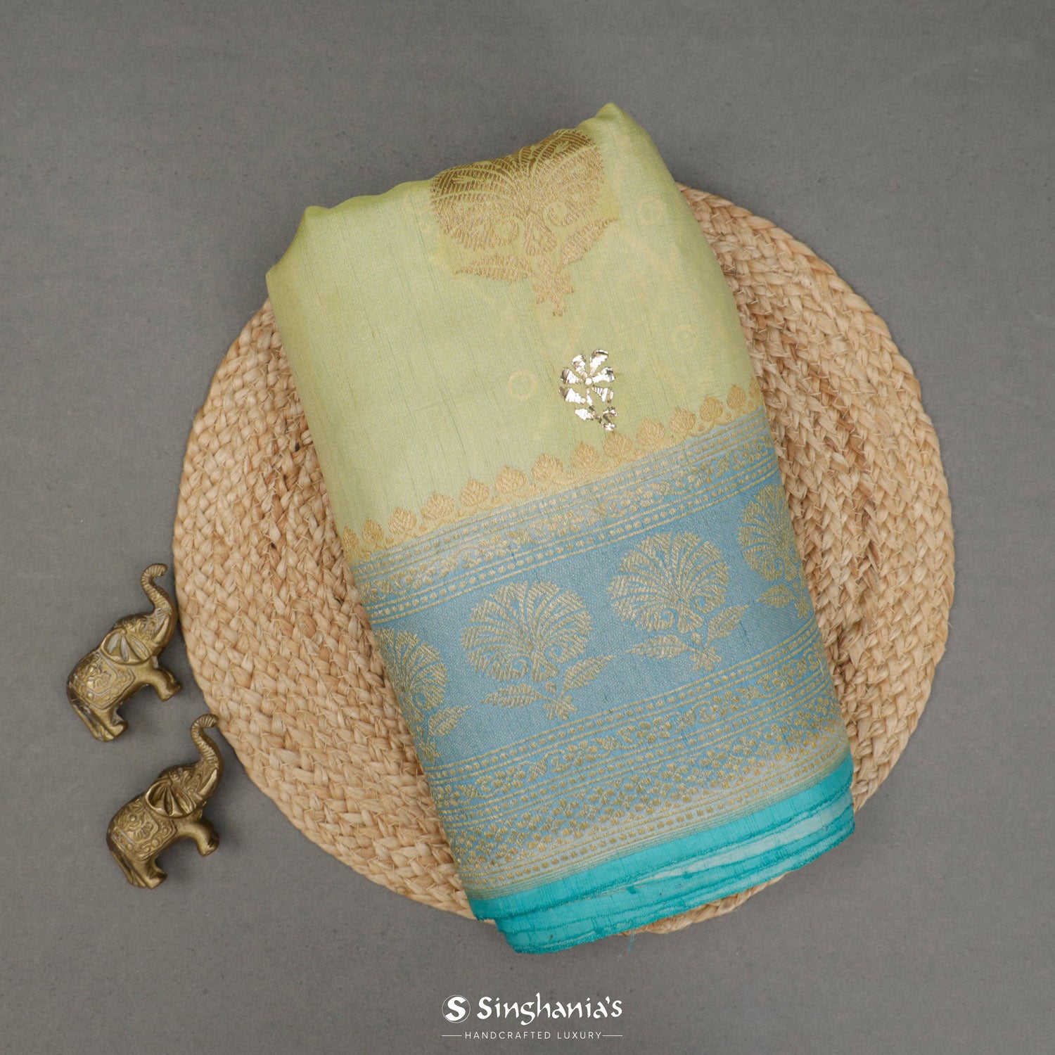 Greenish-Yellow Silk Saree With Banarasi Weaving In Floral Buttas