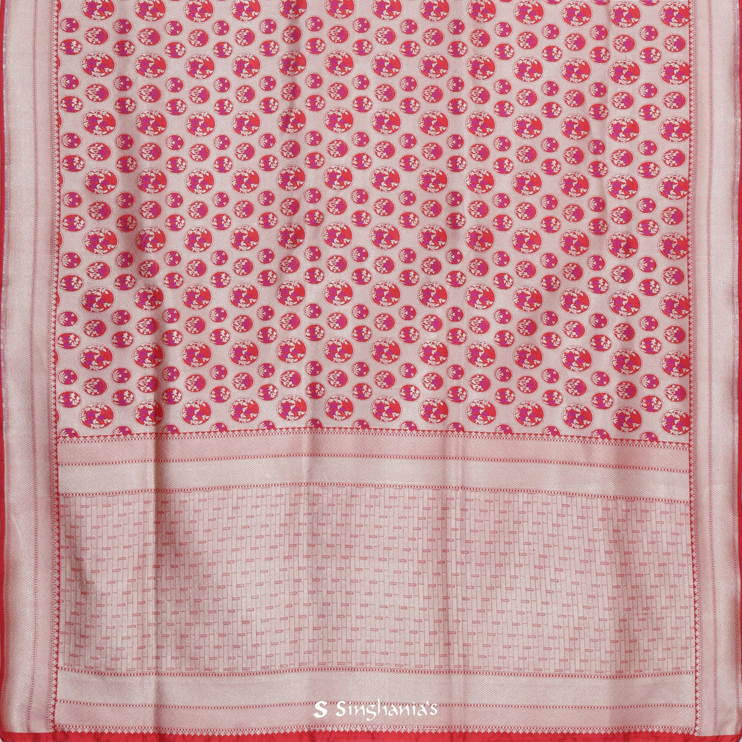 Arsenal Red Banarasi Saree With Floral Butti Weaving