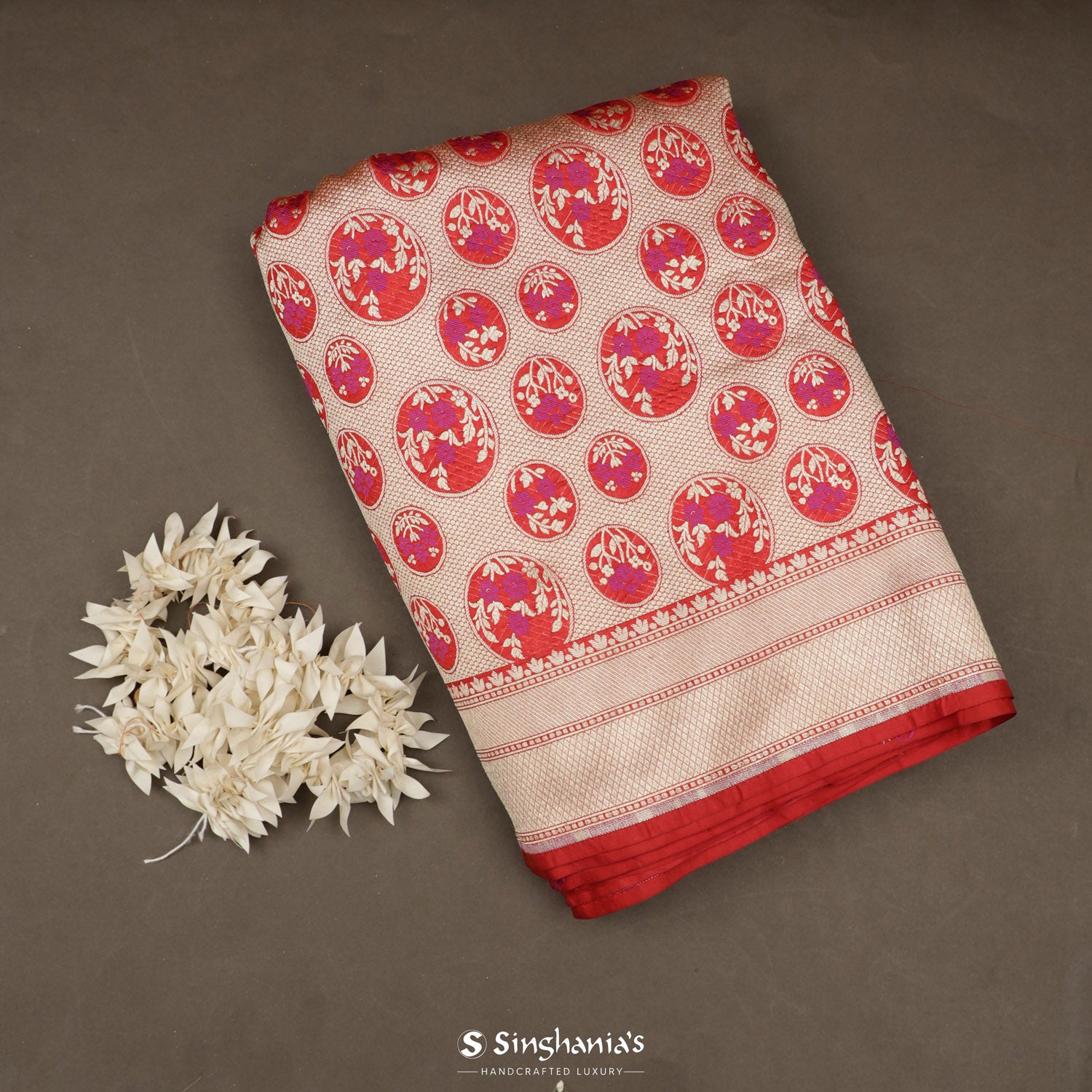 Arsenal Red Banarasi Saree With Floral Butti Weaving