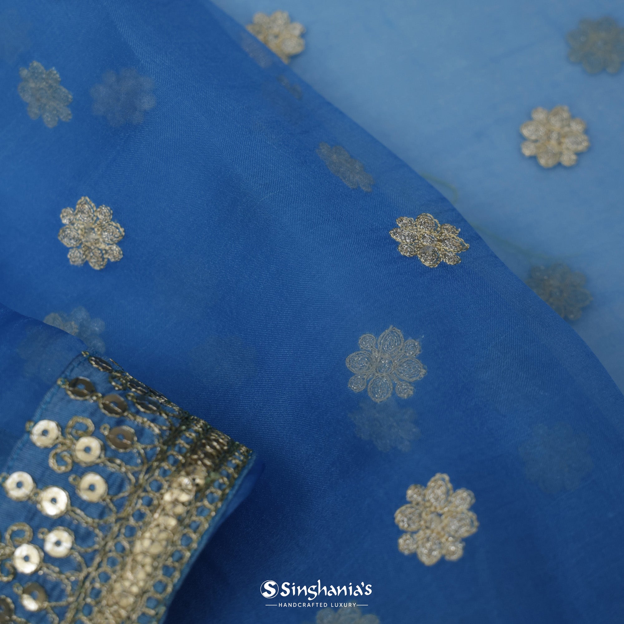 Medium Sapphire Blue Organza Saree With Embroidery