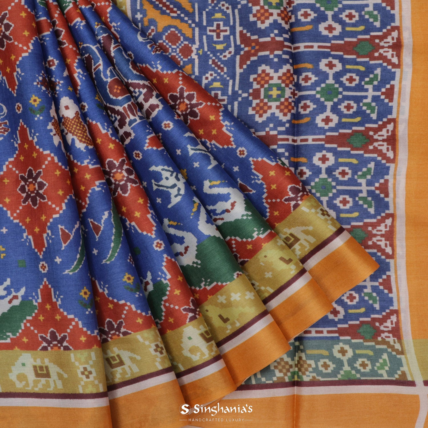 Navy Blue Printed Tussar Silk Saree With Patan Patola Design