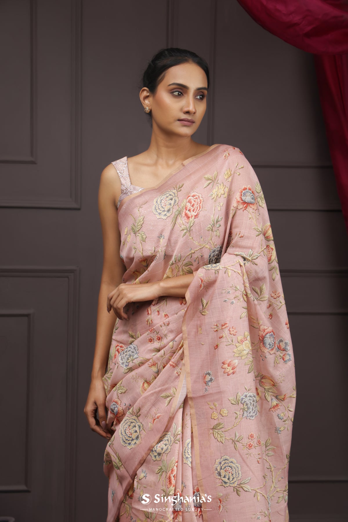 Silvery Pink Printed Chanderi Silk Saree With Floral Design