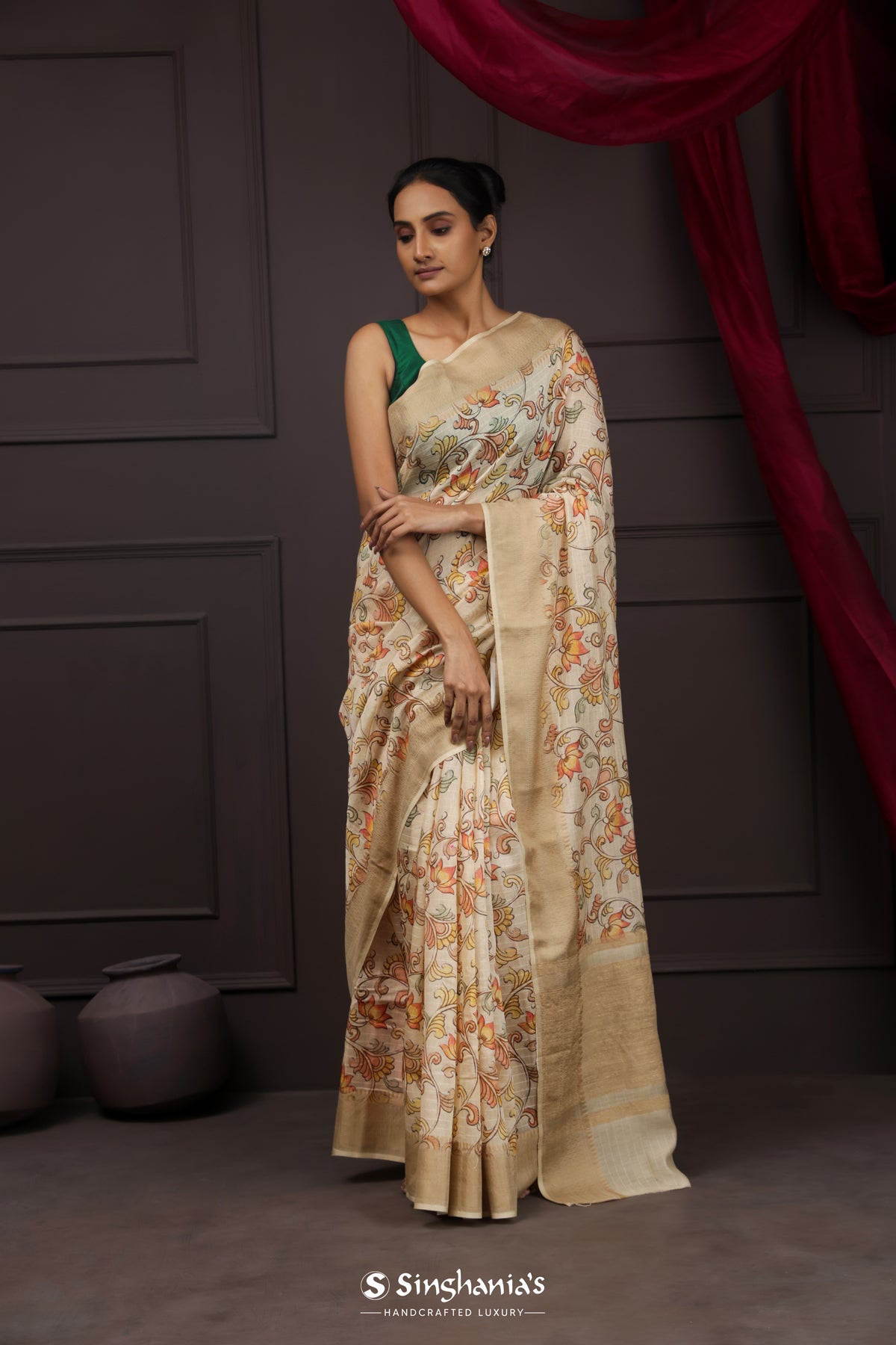 Ivory White Printed Chanderi Silk Saree With Floral Design