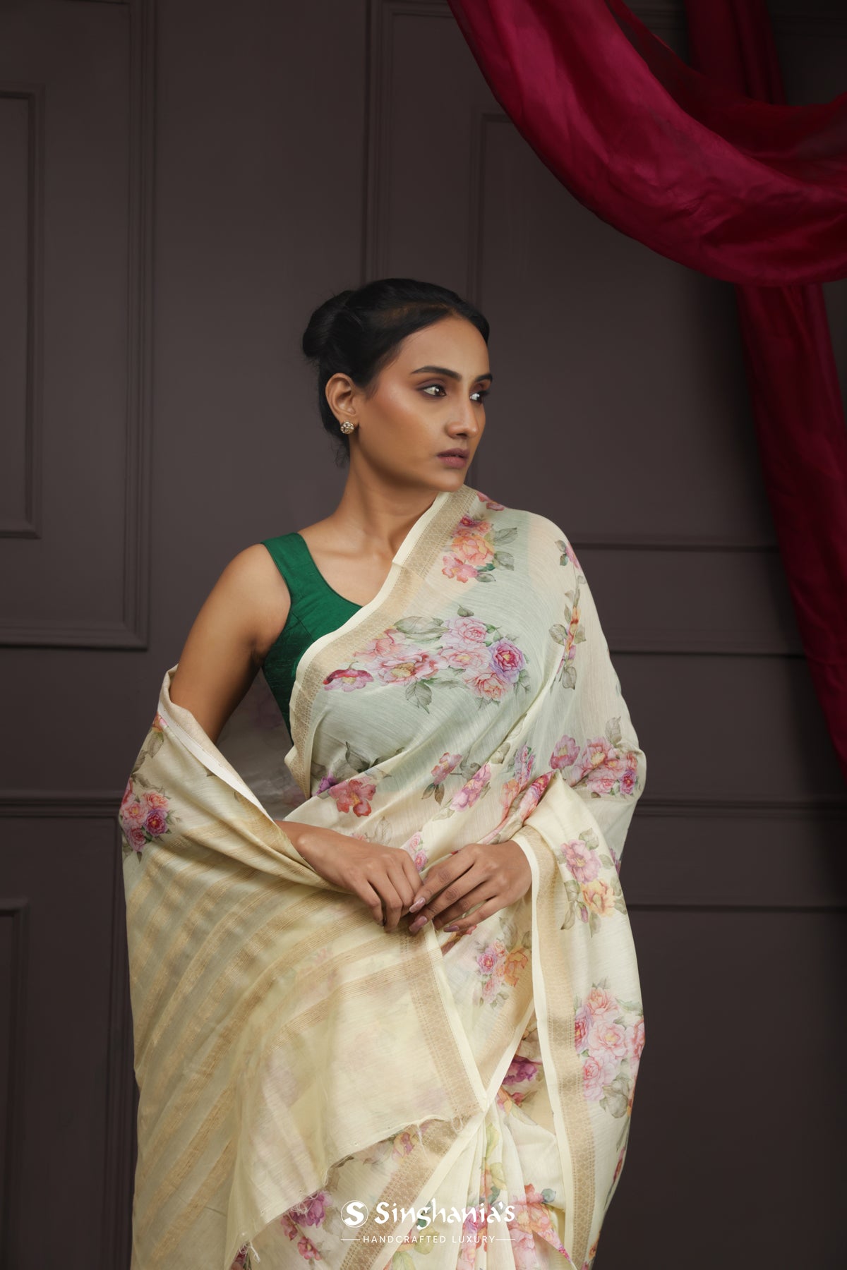 Cream Yellow Printed Chanderi Silk Saree With Floral Design