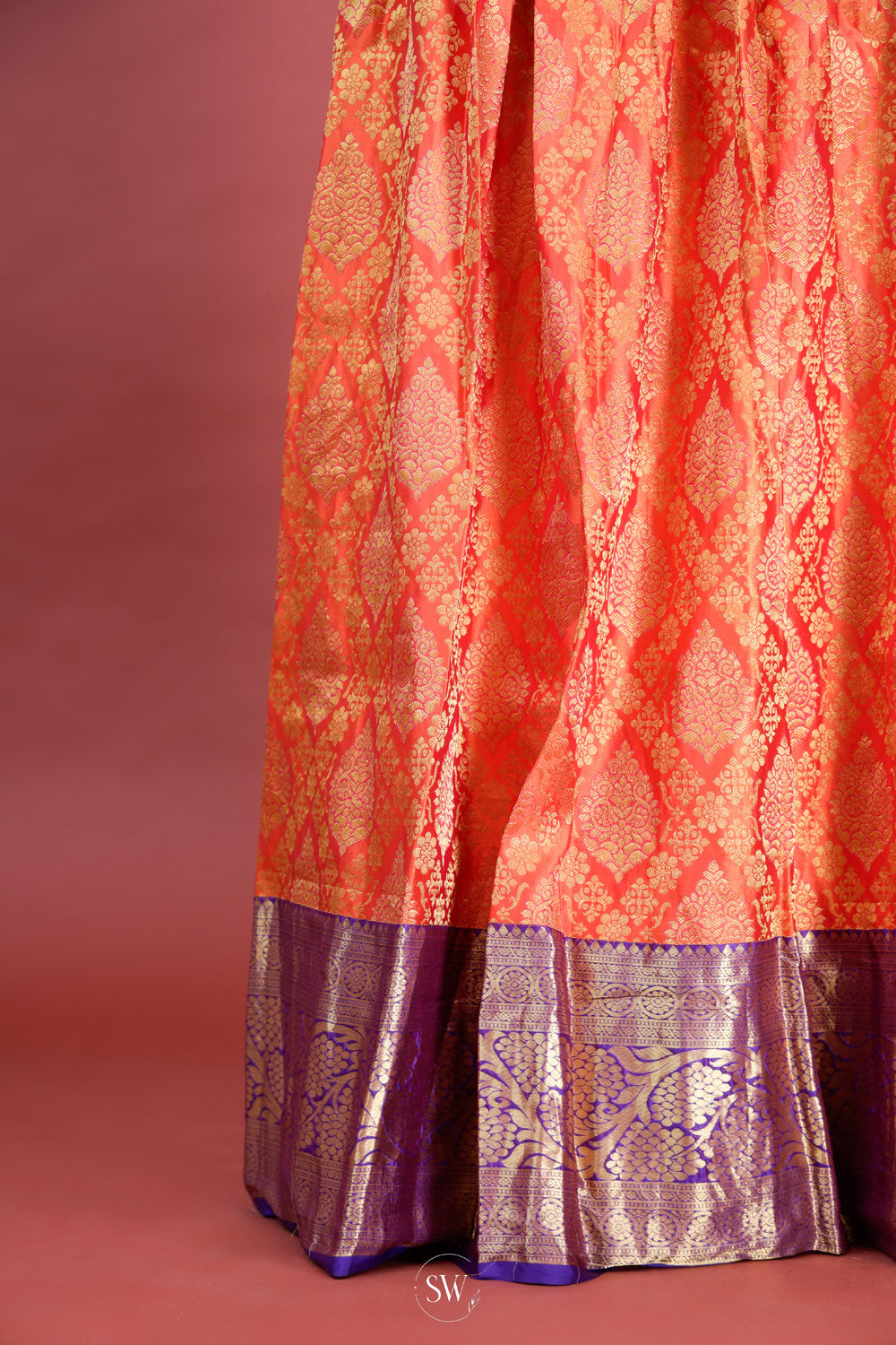 Picotee Blue-Orange Silk Lehenga Set With Zari Weaving