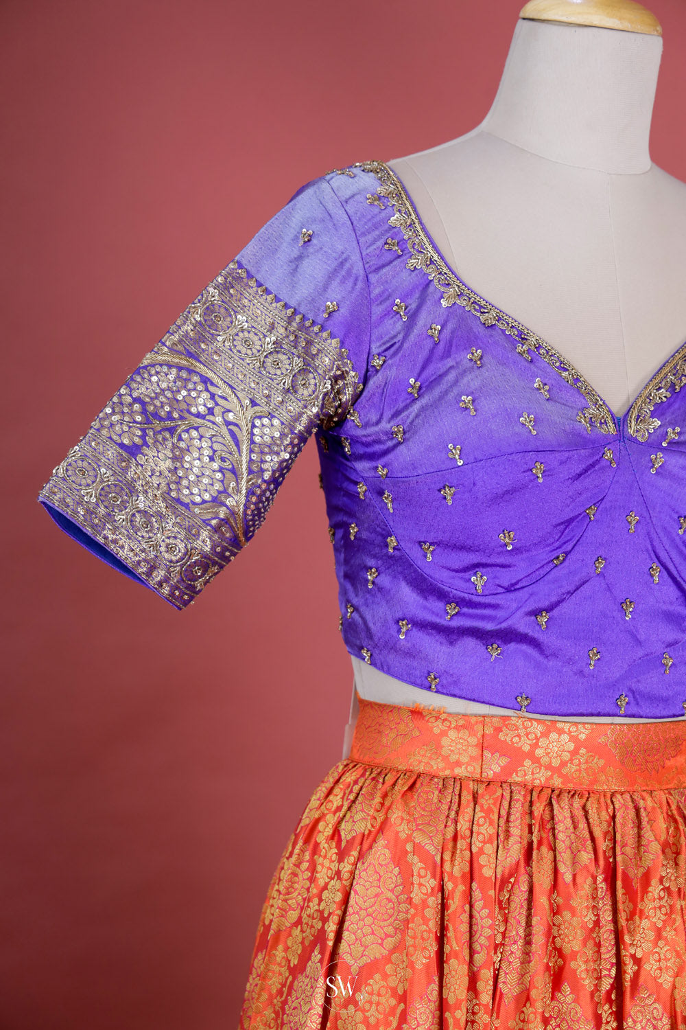 Picotee Blue-Orange Silk Lehenga Set With Zari Weaving