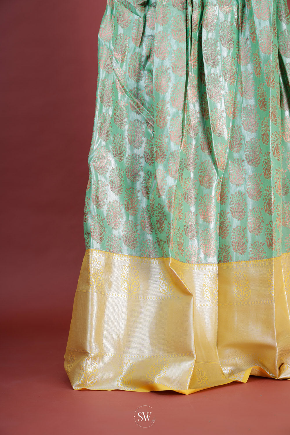 Turquoise Green-Gold Silk Lehenga Set With Zari Weaving