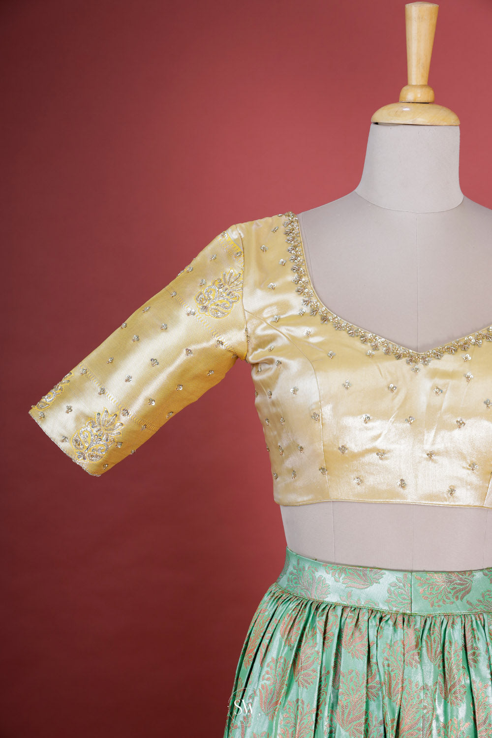 Turquoise Green-Gold Silk Lehenga Set With Zari Weaving