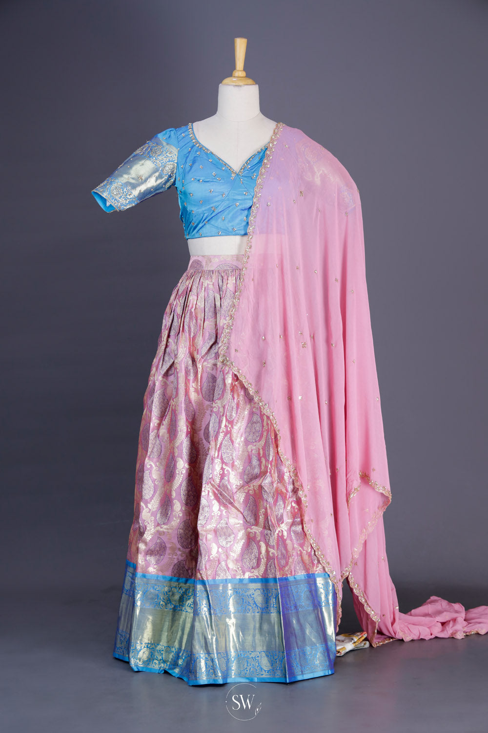 Pale Pink-Blue Silk Lehenga Set With Zari Weaving