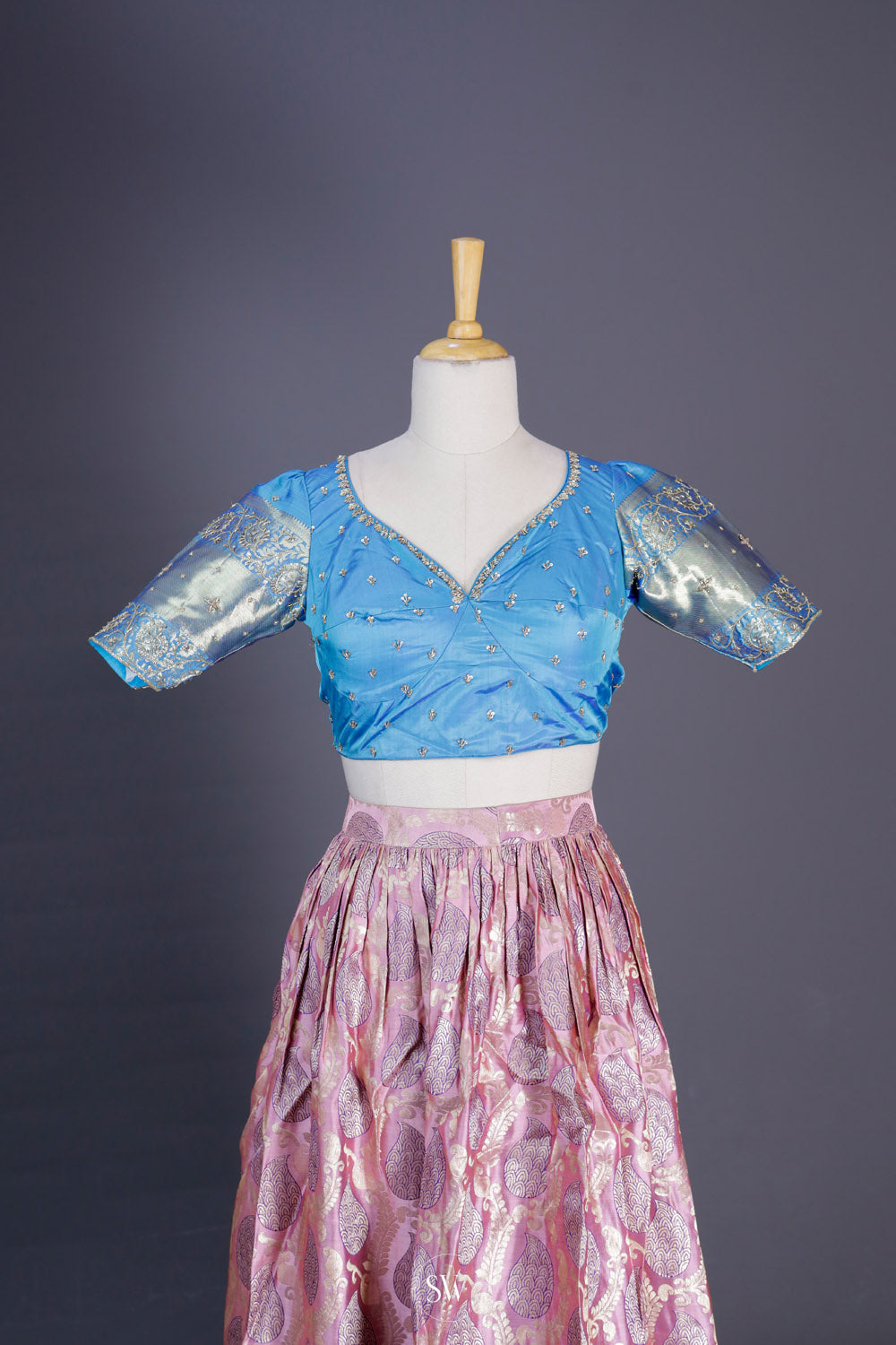 Pale Pink-Blue Silk Lehenga Set With Zari Weaving