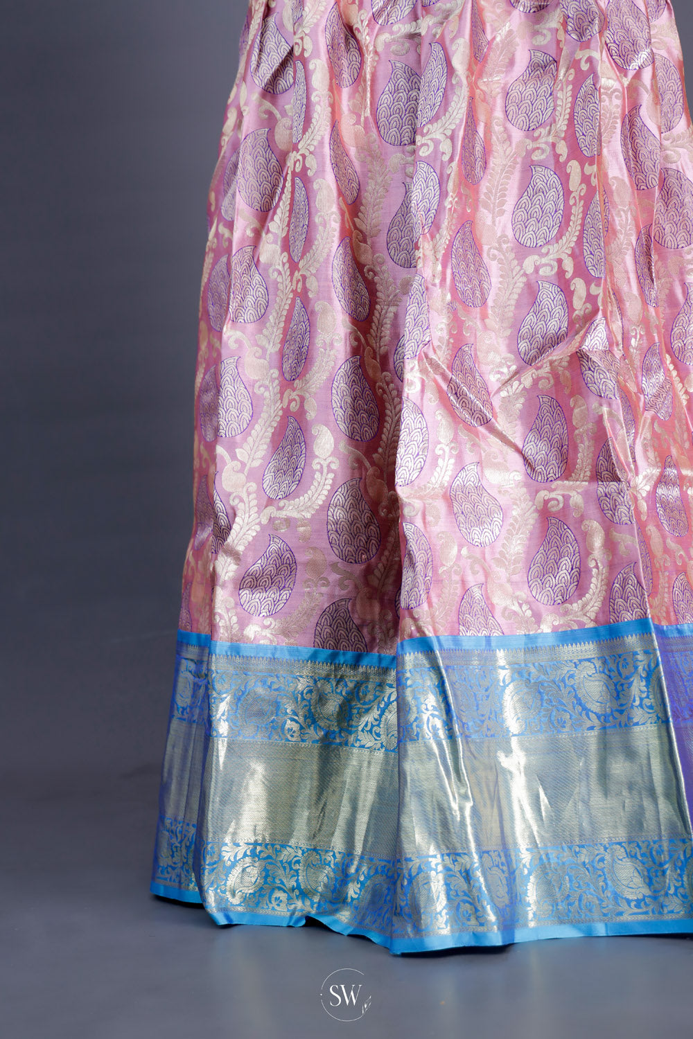 Pale Pink-Blue Silk Lehenga Set With Zari Weaving