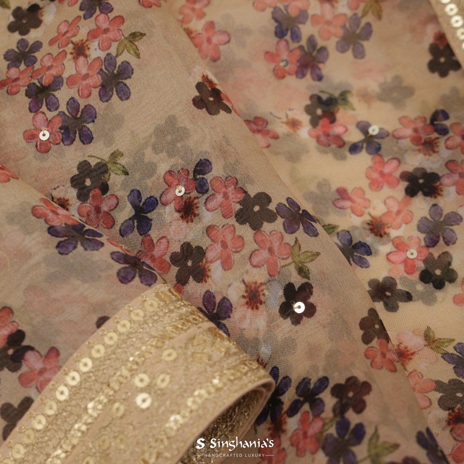 Pale Taupe Printed Organza Saree With Embroidery