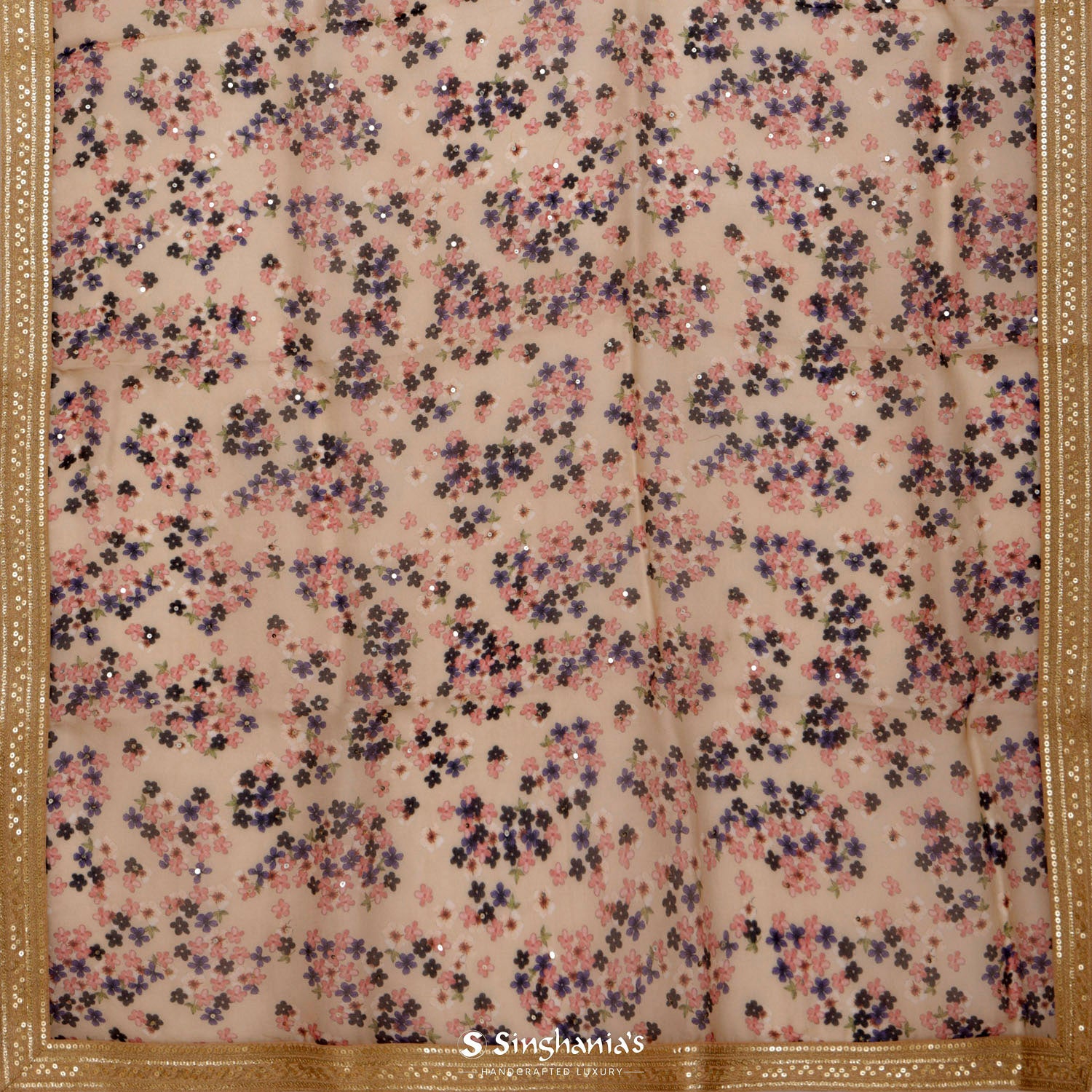 Wheat Orange Printed Organza Saree With Floral Pattern