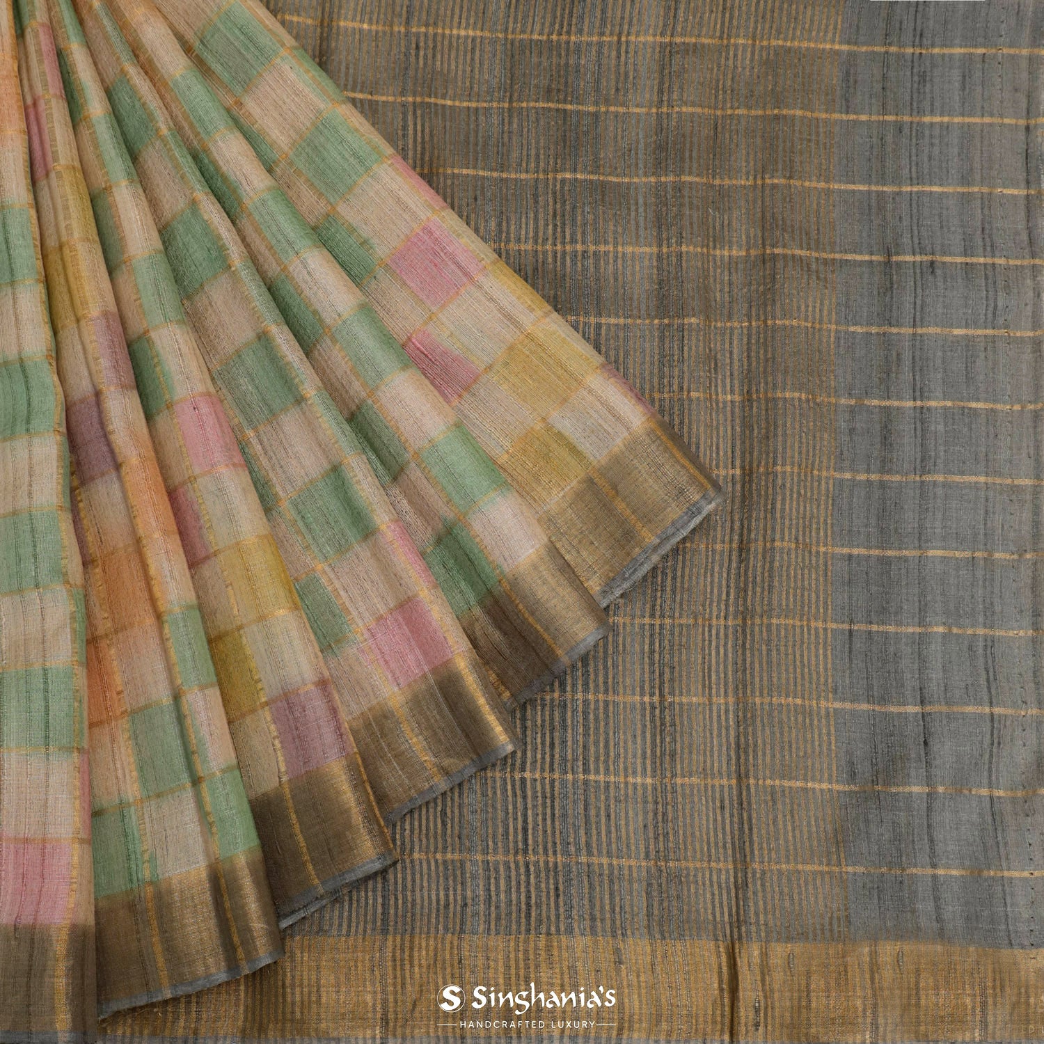 Buttercream Brown Tussar Saree With Banarasi Weaving
