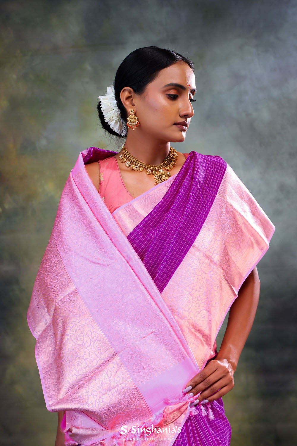 Reddish Purple Checks Kanjivaram Silk Saree