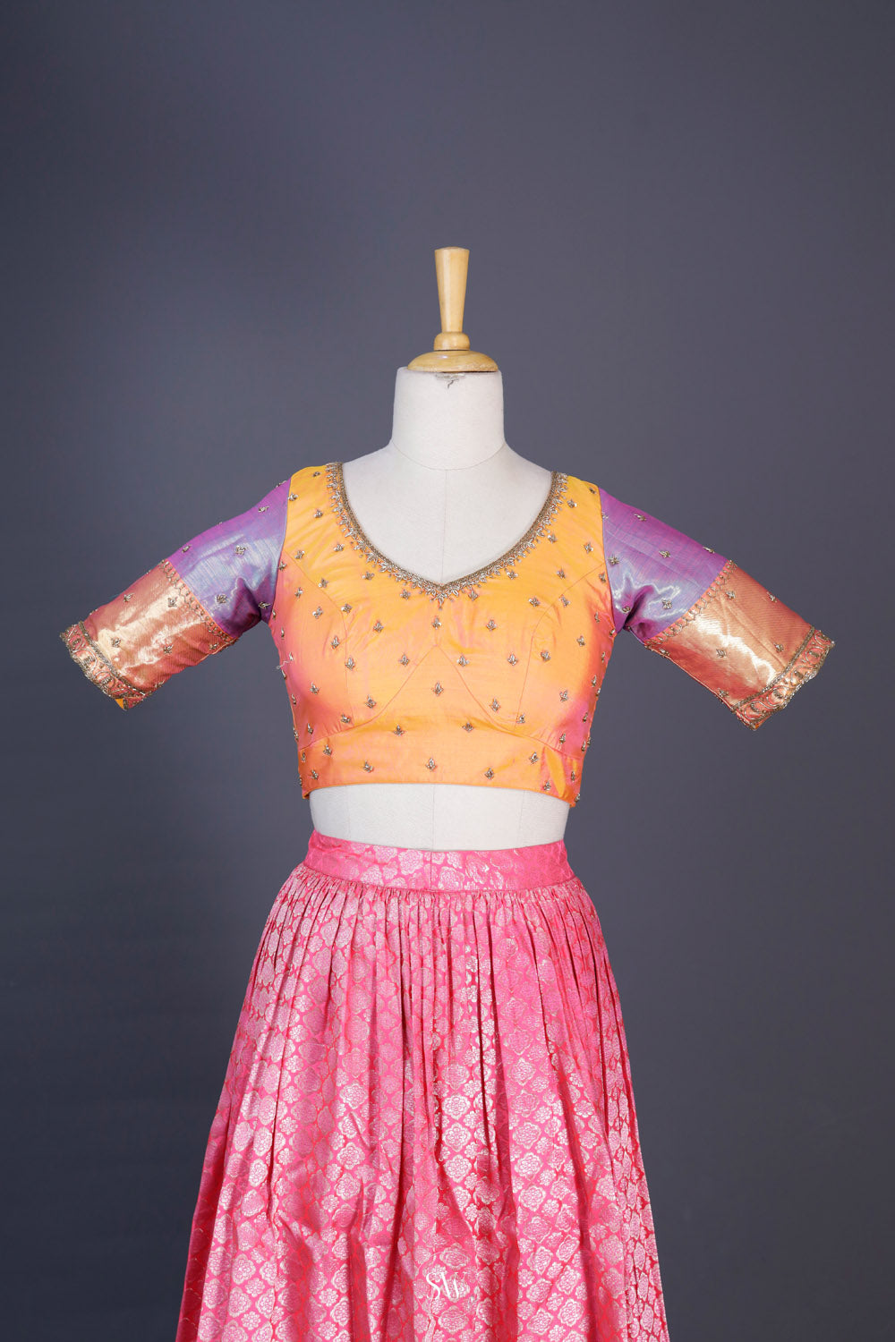 Saffron Yellow-Pink Silk Lehenga Set With Zari Weaving