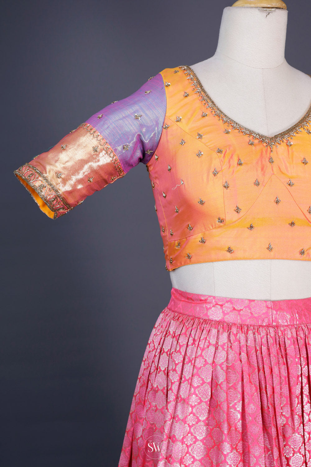 Saffron Yellow-Pink Silk Lehenga Set With Zari Weaving