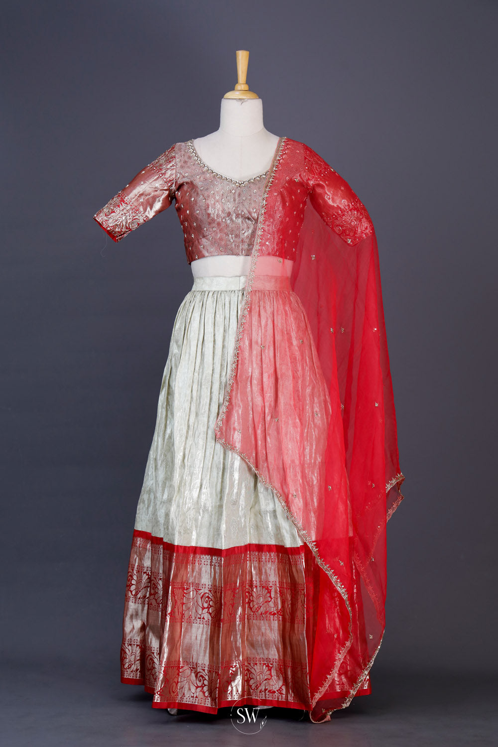 Ivory White-Red Silk Lehenga Set With Zari Weaving