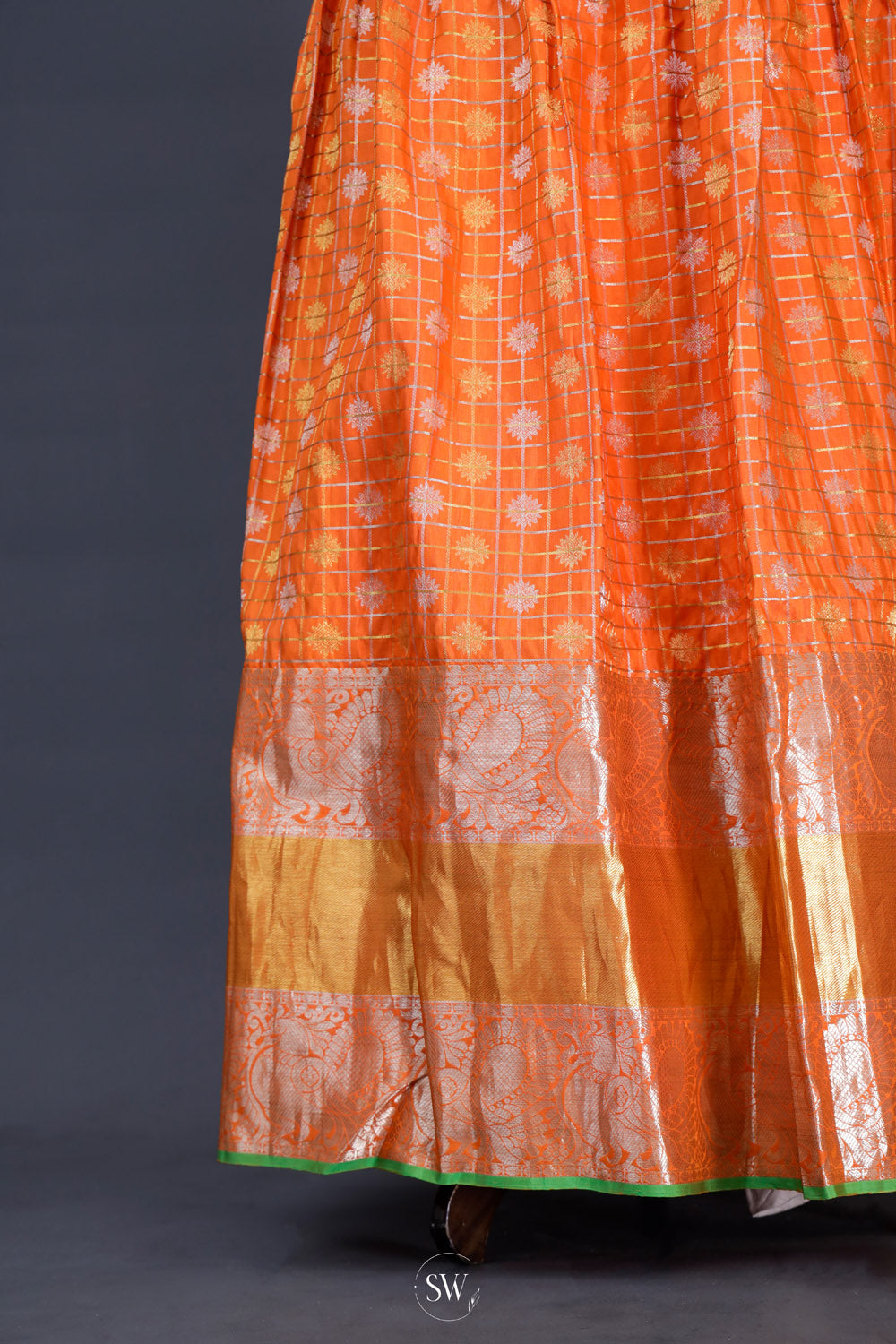 Orange Green Silk Lehenga Set With Zari Weaving