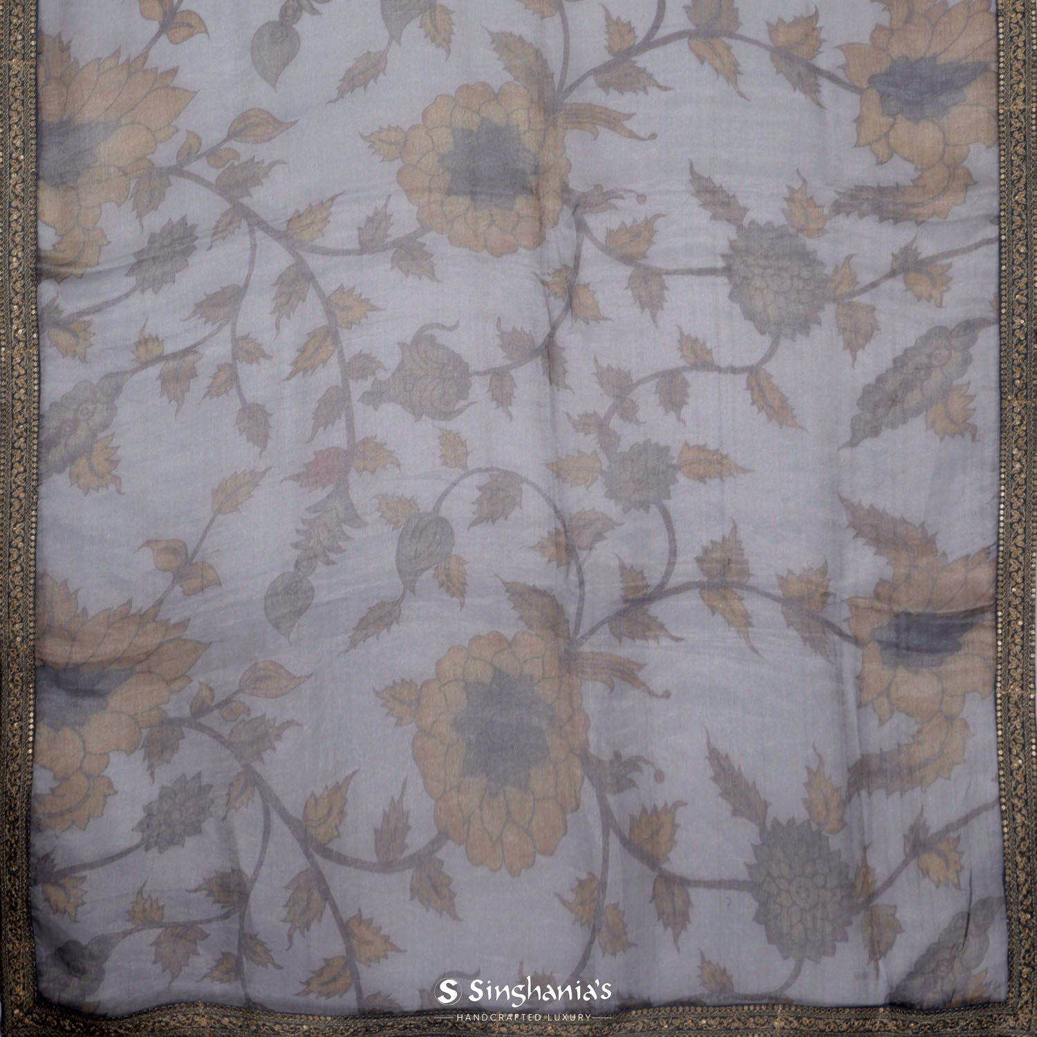 Pastel Gray Printed Tissue Saree With Floral Pattern