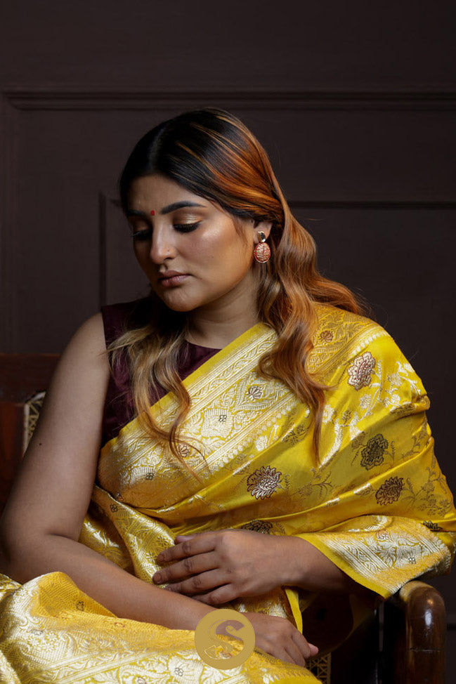 Deep Yellow Banarasi Silk Saree With Floral Jangla Pattern
