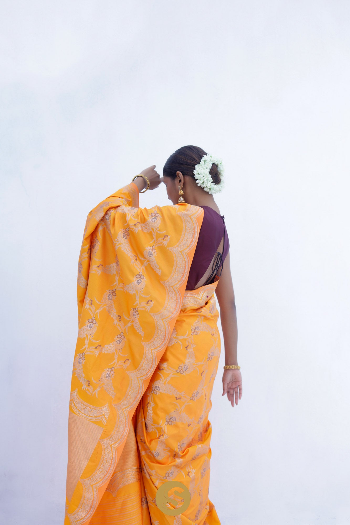 Amber Orange Banarasi Silk Saree With Floral Weaving