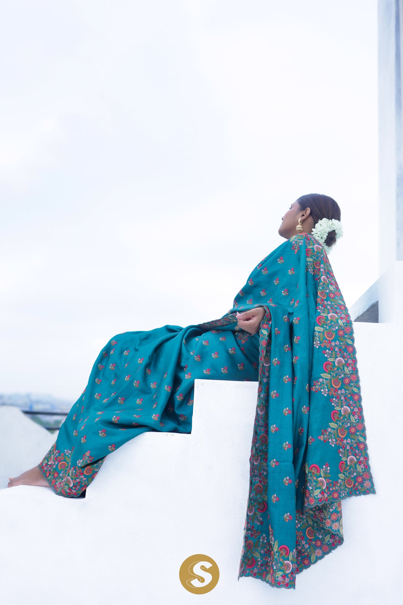 Peacock Blue Tussar Saree With Floral Embroidery