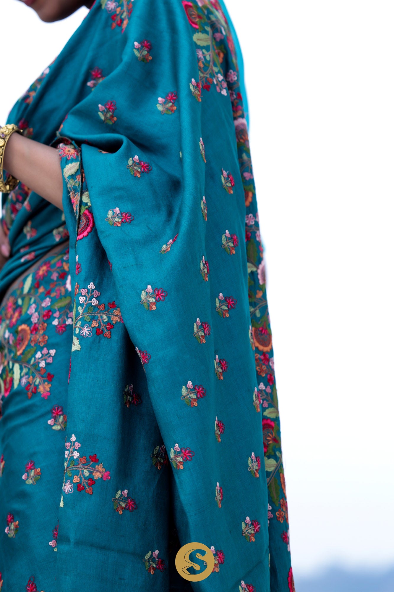 Peacock Blue Tussar Saree With Floral Embroidery