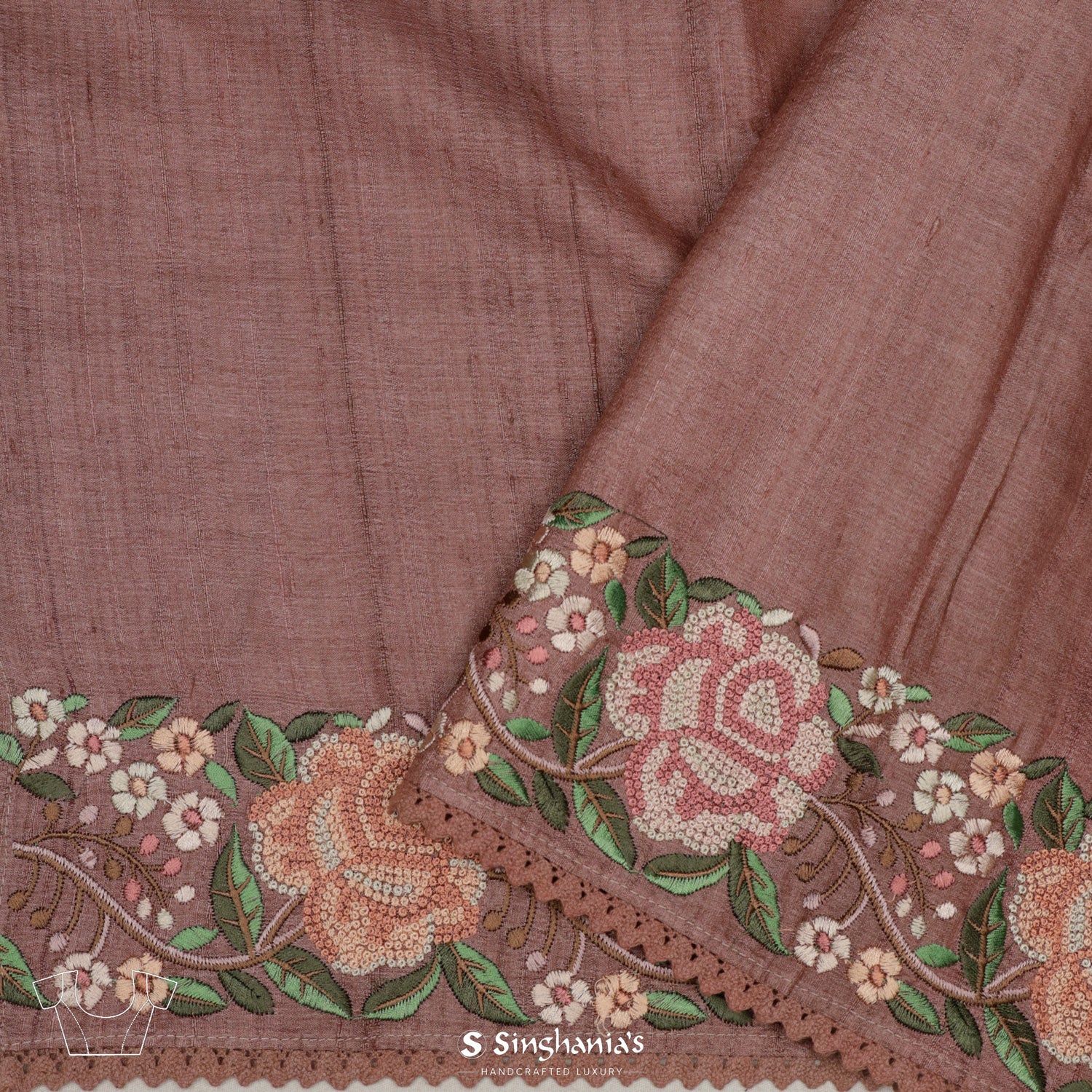 Redwood Pink Tussar Saree With Floral Thread Embroidery