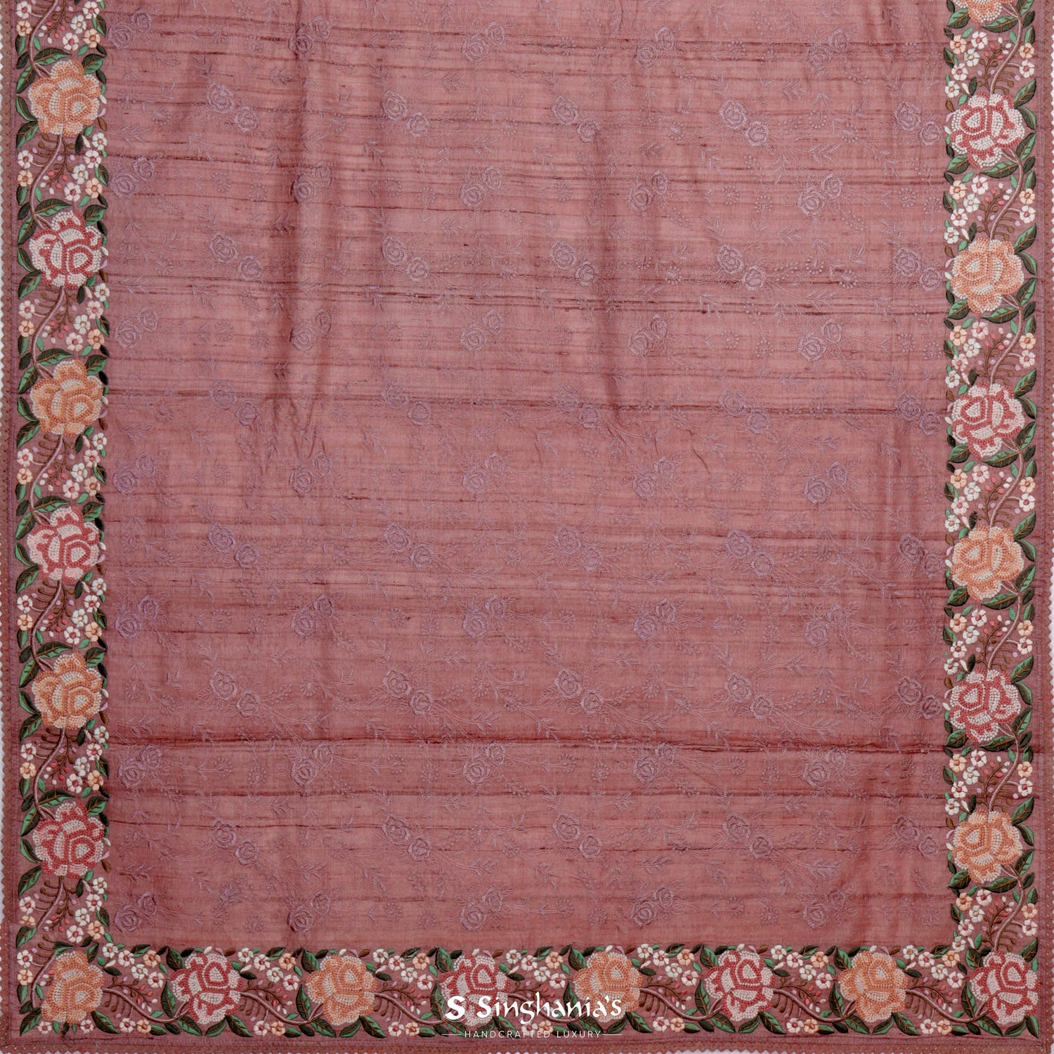 Redwood Pink Tussar Saree With Floral Thread Embroidery