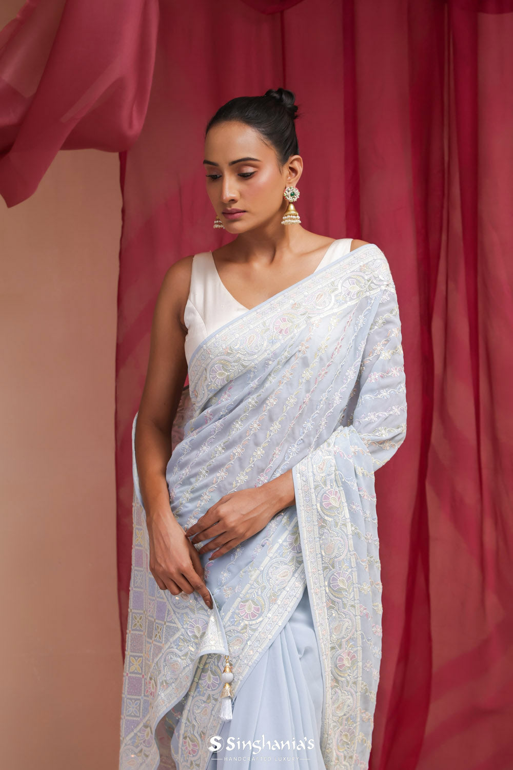 Columbia Blue Georgette Designer Saree With Lucknowi Embroidery