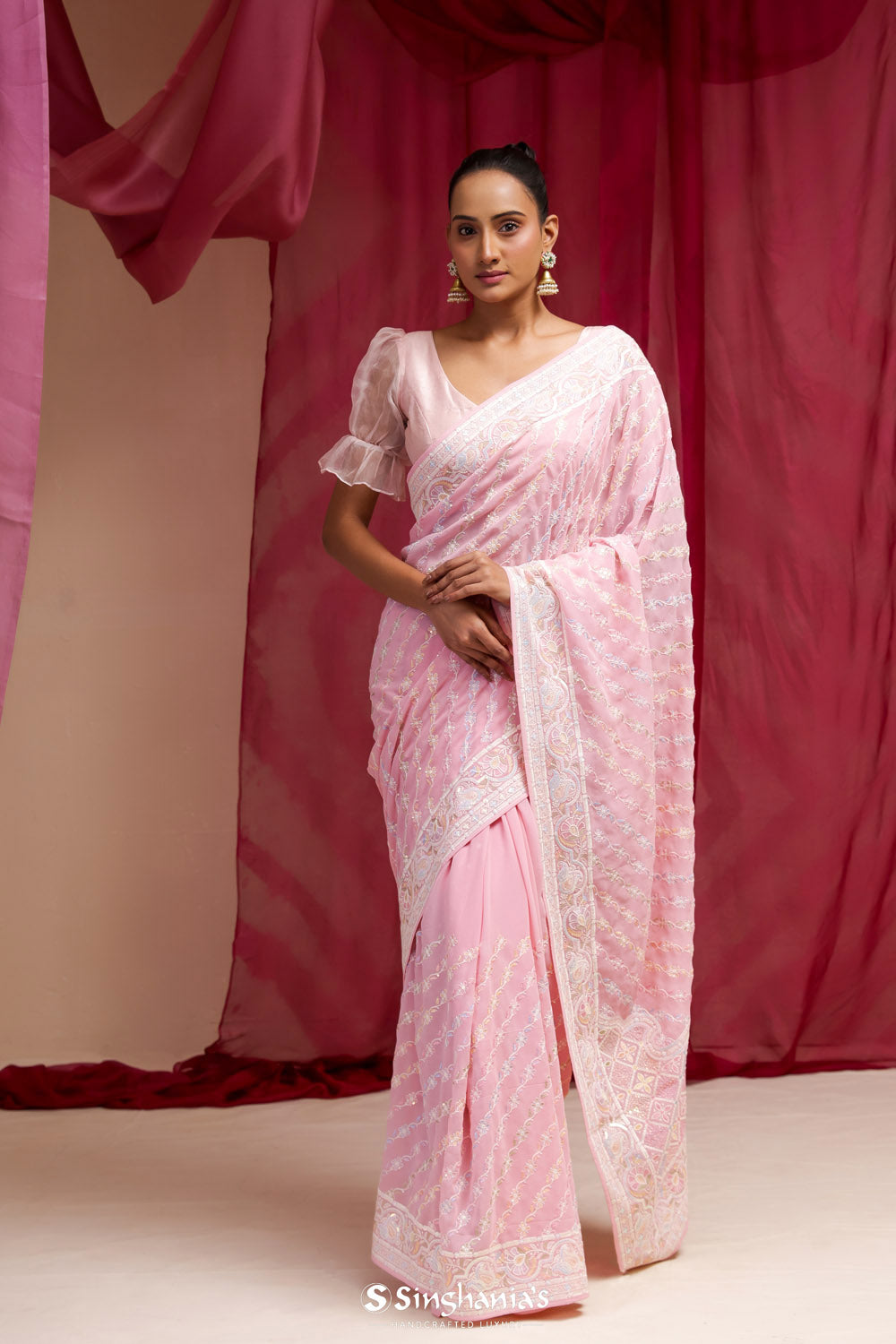 Blossom Pink Georgette Designer Saree With Lucknowi Embroidery