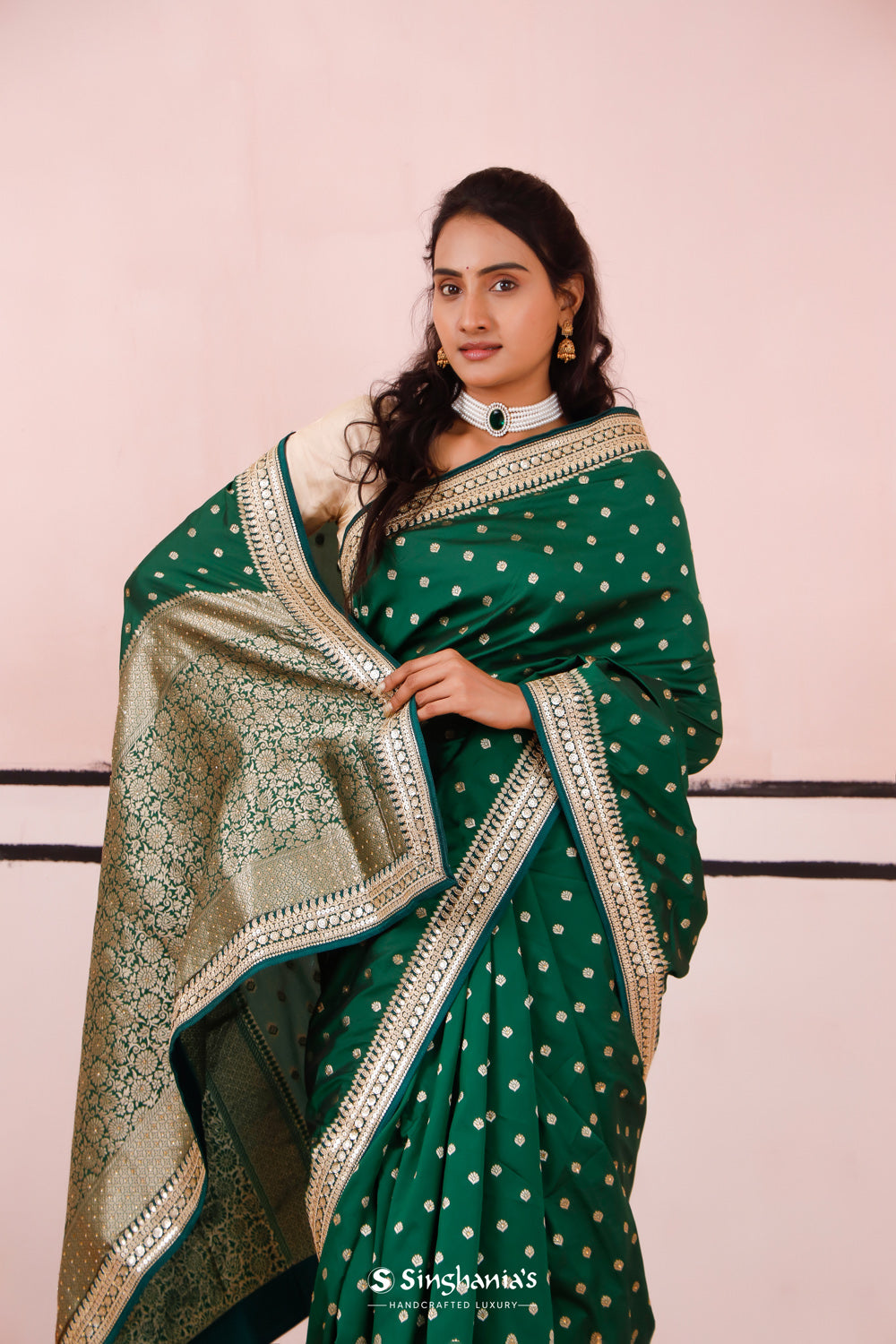 Dartmouth Green Banarasi Silk Saree With Gold Zari Details