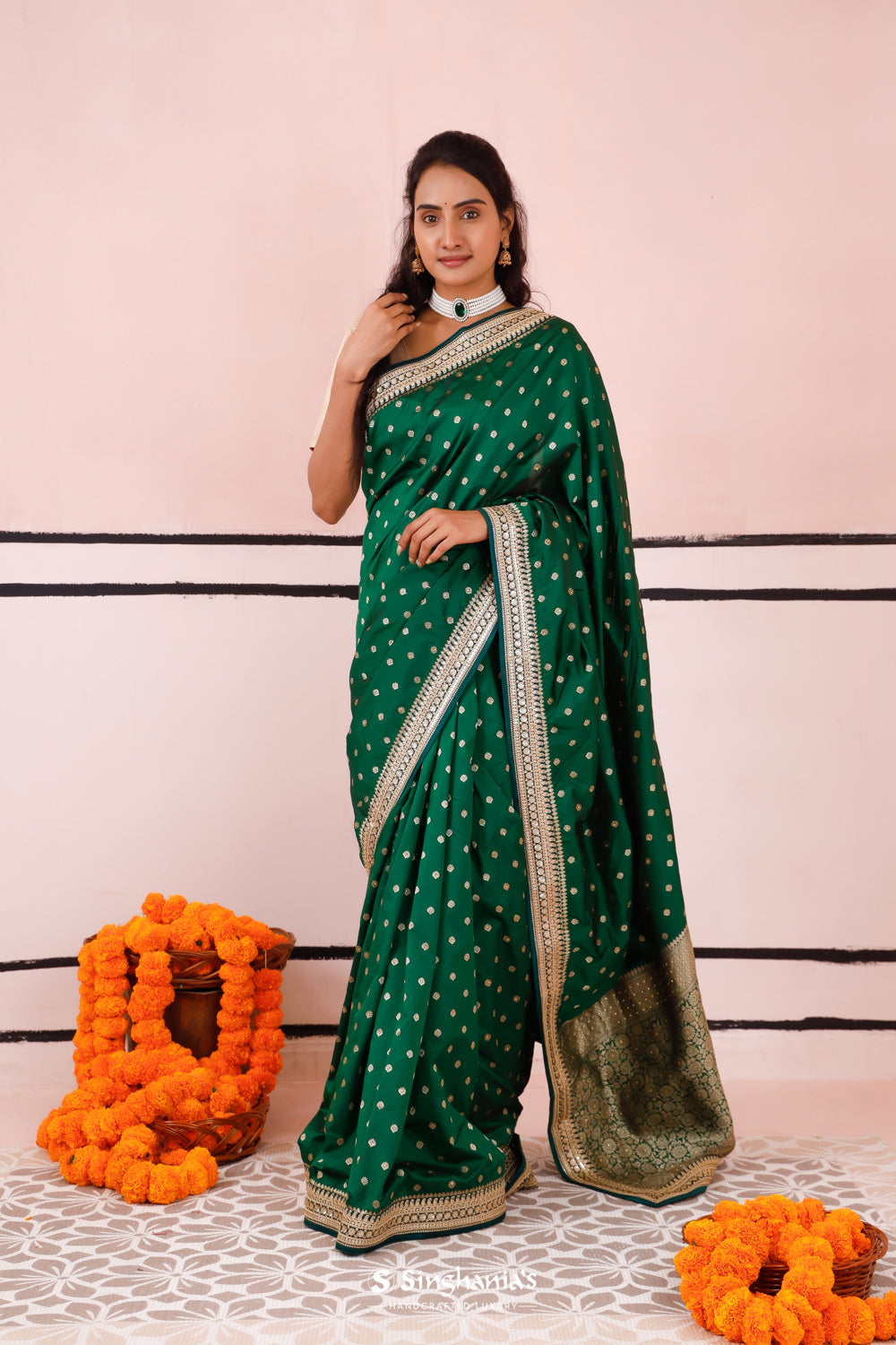 Dartmouth Green Banarasi Silk Saree With Gold Zari Details