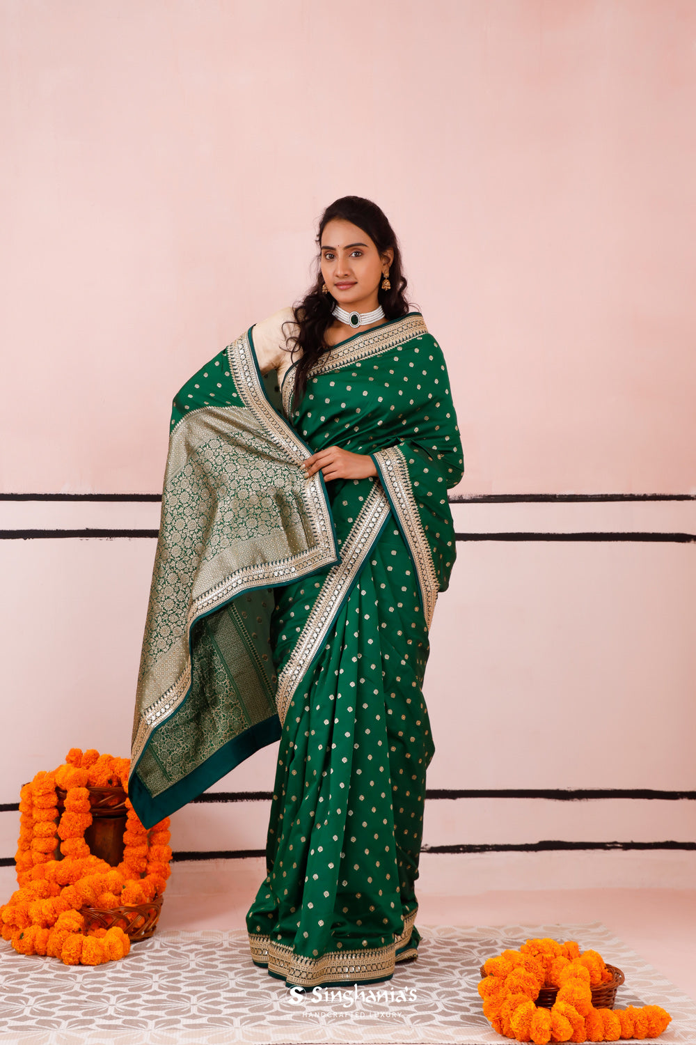 Dartmouth Green Banarasi Silk Saree With Gold Zari Details