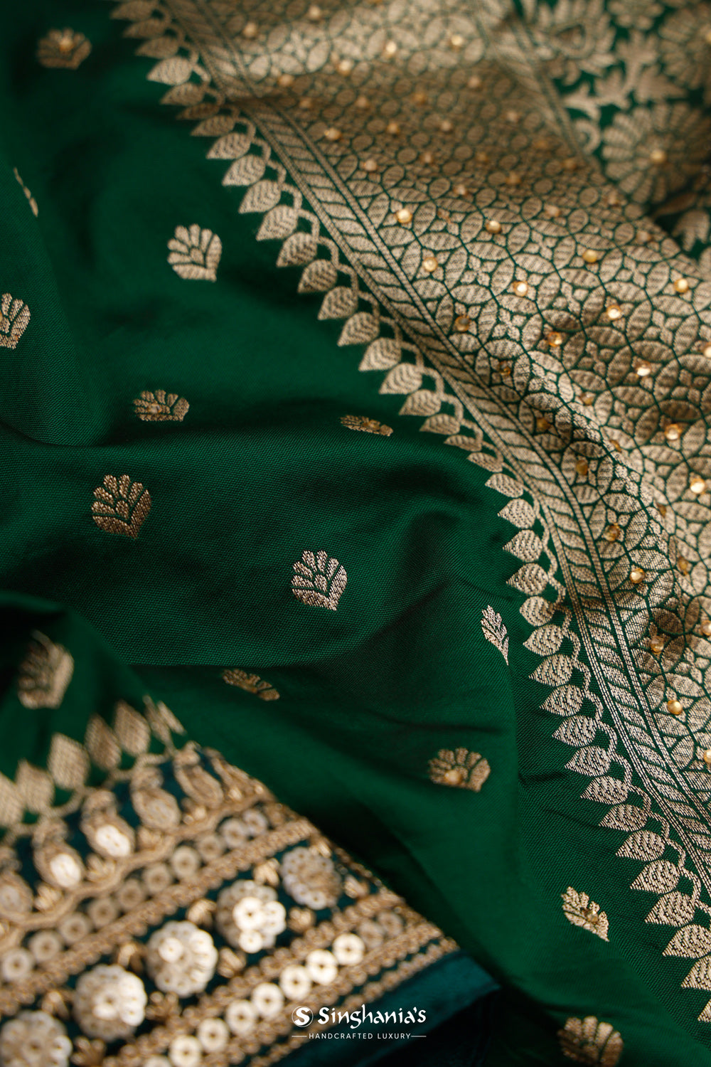 Dartmouth Green Banarasi Silk Saree With Gold Zari Details