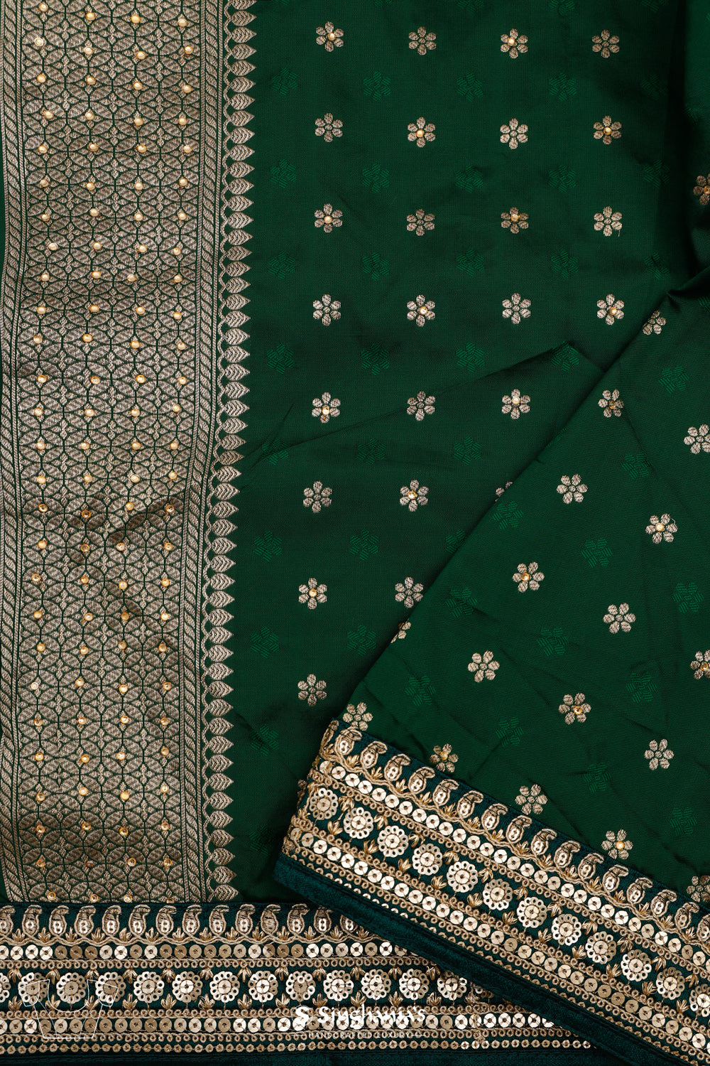 Dartmouth Green Banarasi Silk Saree With Gold Zari Details