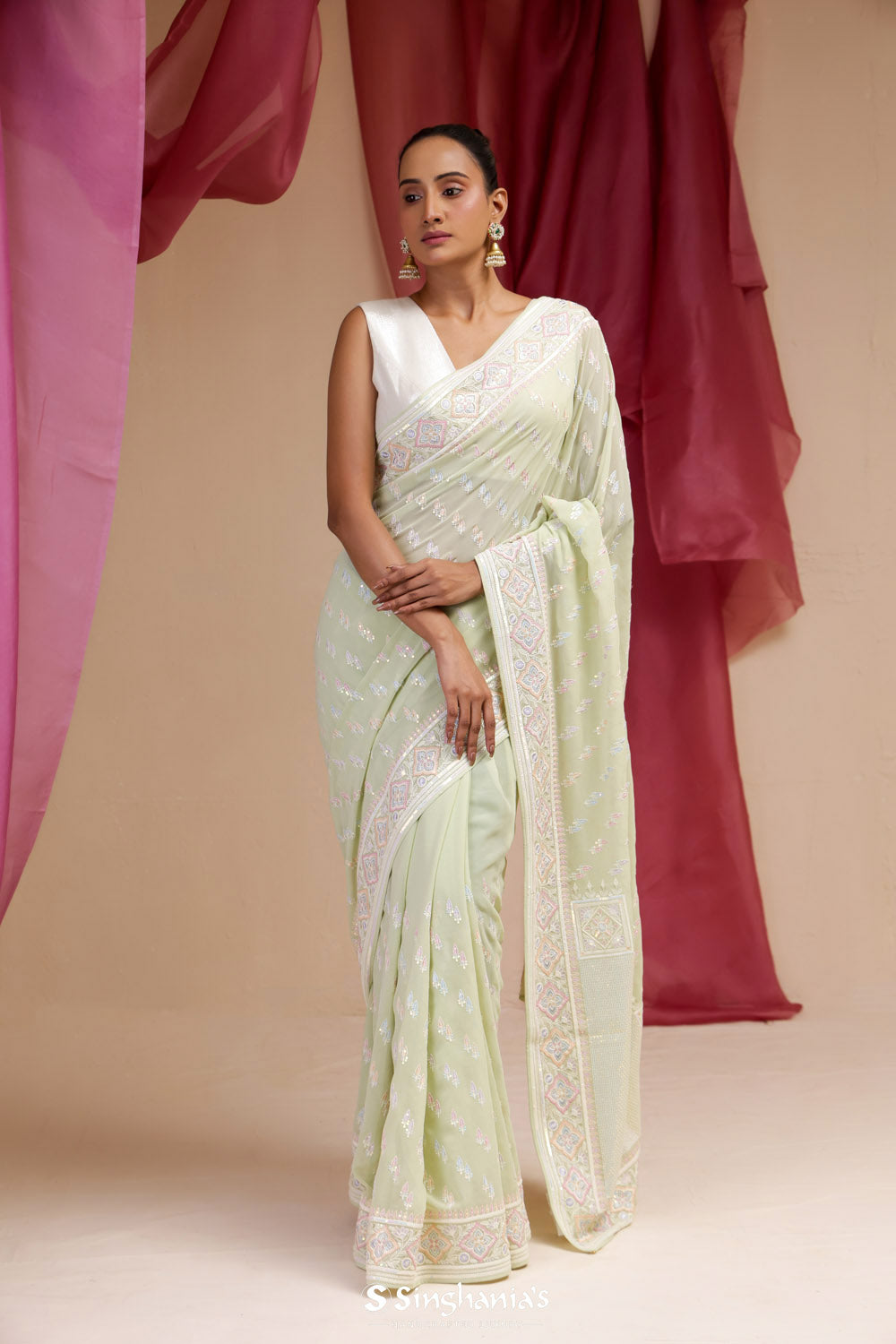 Celadon Green Georgette Designer Saree With Lucknowi Embroidery