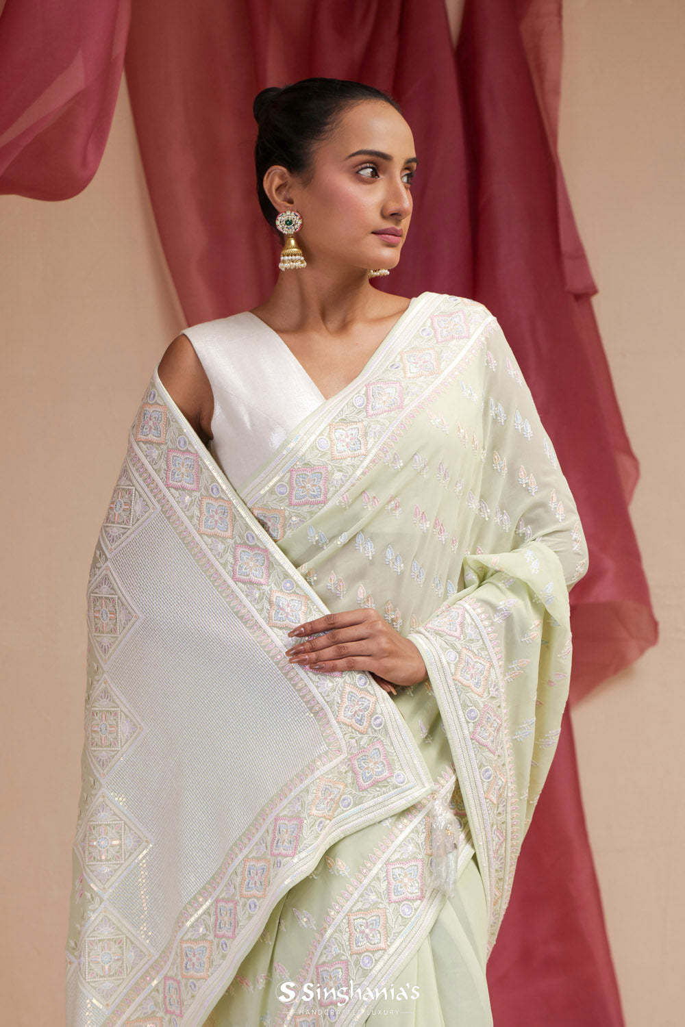 Celadon Green Georgette Designer Saree With Lucknowi Embroidery