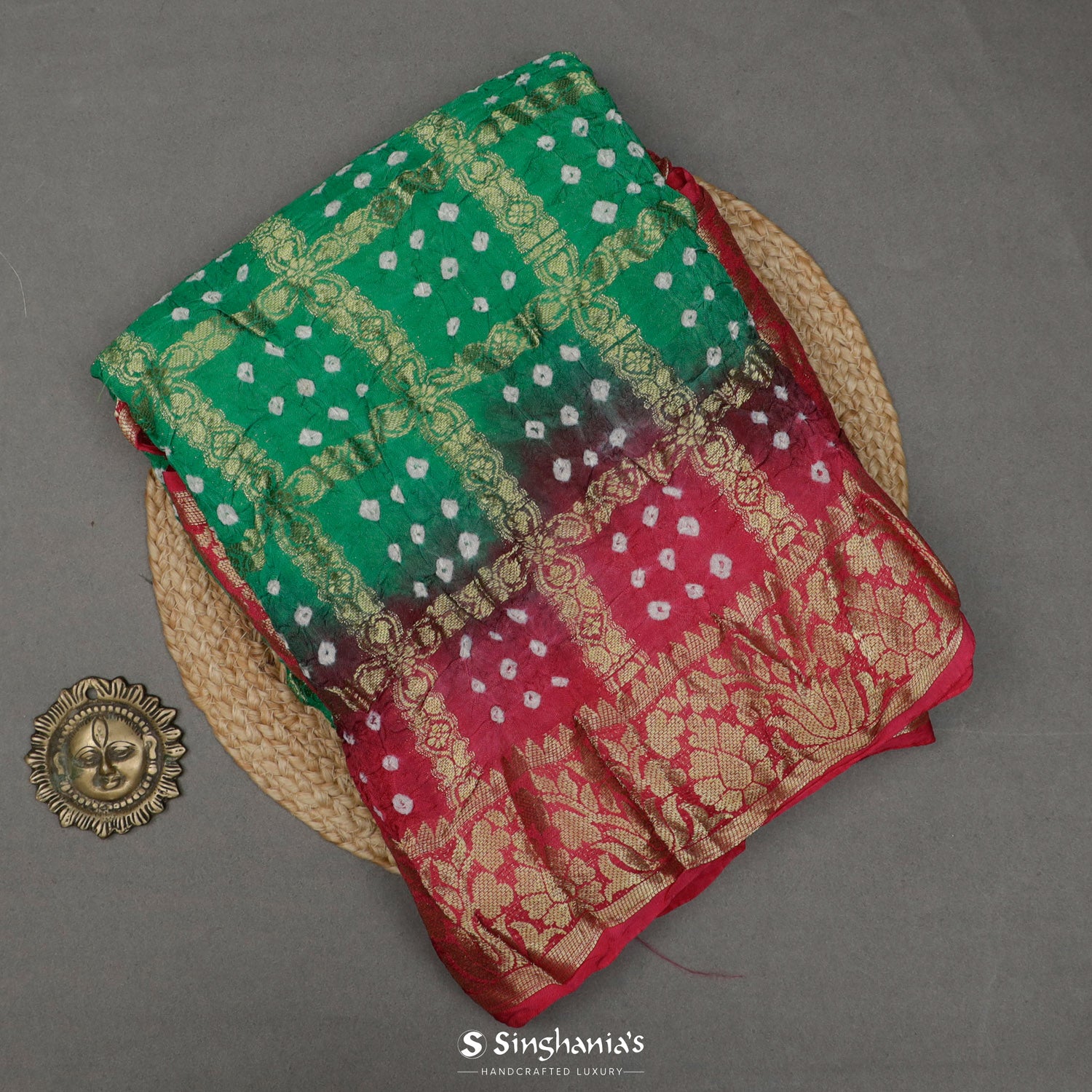 Spanish Green Silk Saree With Bandhini Pattern